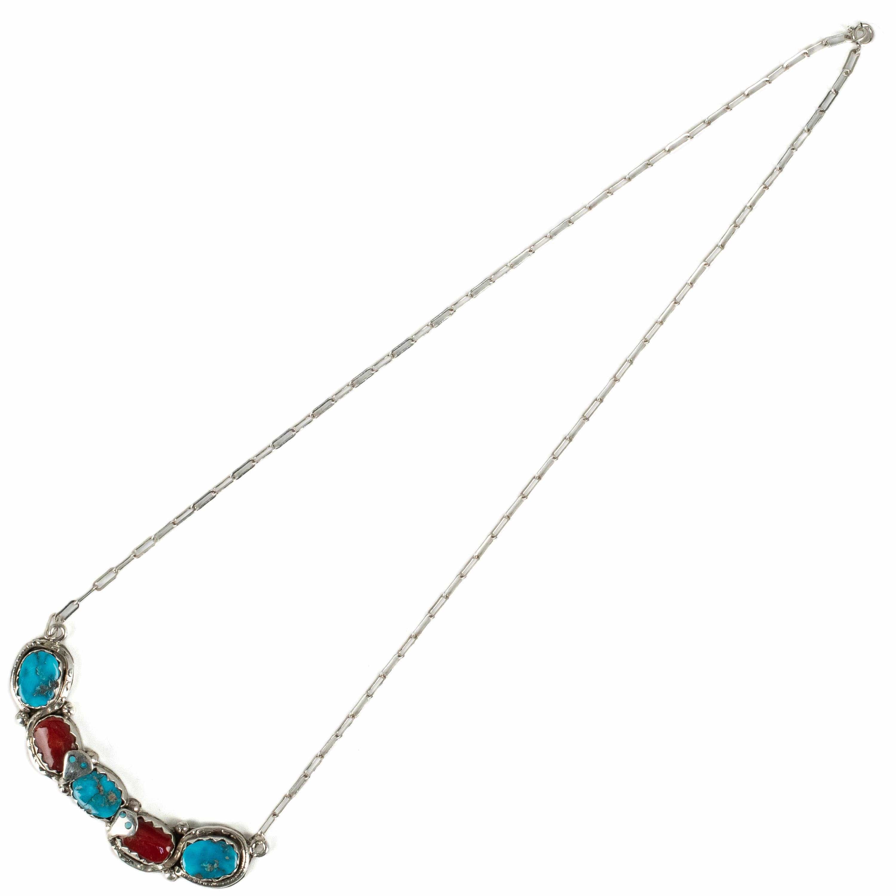 Kalifano Native American Jewelry Gloria G. Kingman Turquoise and Coral Serpentine Zuni USA Native American Made 925 Sterling Silver Necklace NAN1600.002