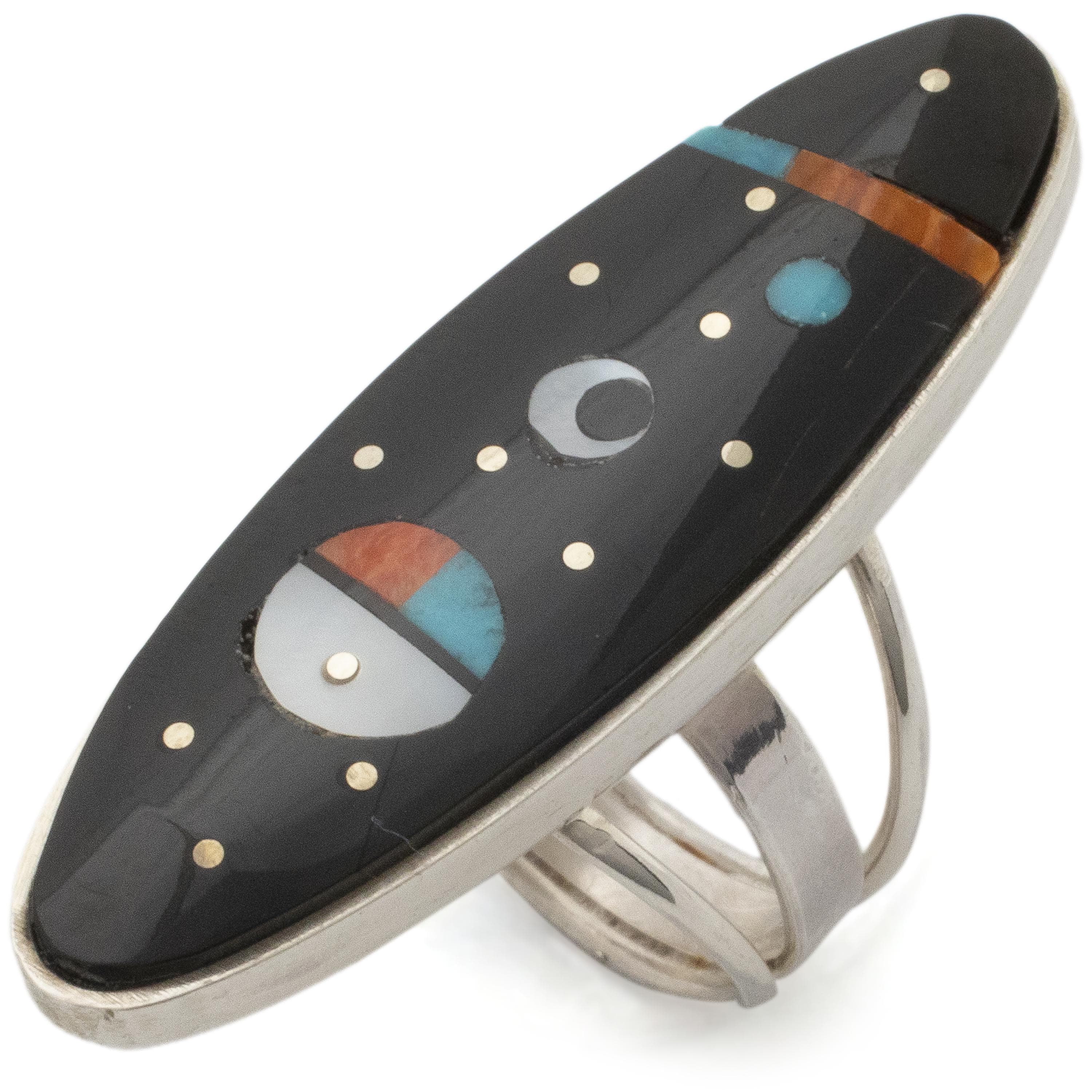 Kalifano Native American Jewelry Harold Smith Navajo Jet, Mother of Pearl, Turquoise, and Orange Spiny Oyster Shell Inlay USA Native American Made 925 Sterling Silver Ring