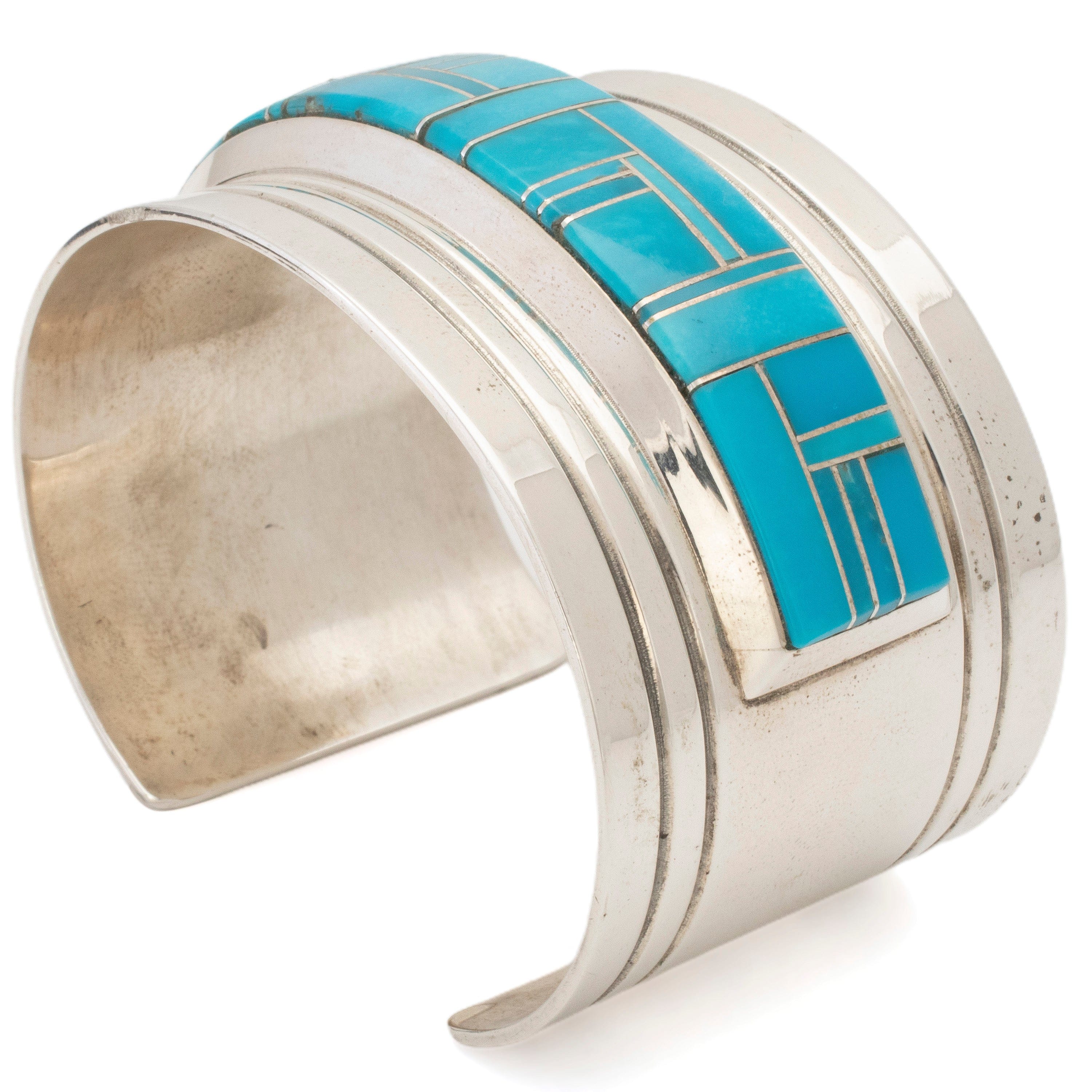 Kalifano Native American Jewelry John Nelson Navajo Kingman Turquoise Inlay USA Native American Made 925 Sterling Silver Cuff NAB3000.012