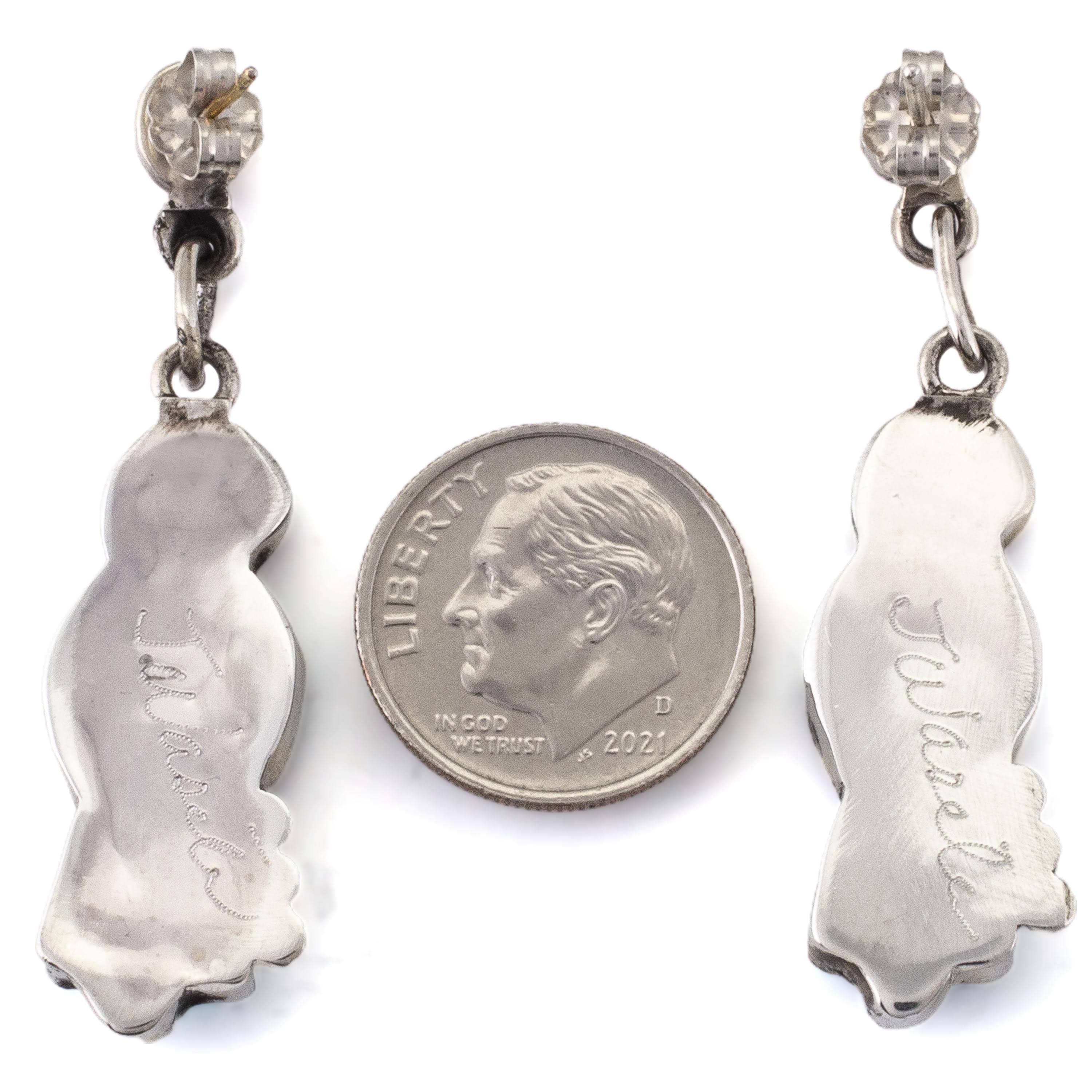 Kalifano Native American Jewelry Joyce Waseta Zuni Maiden with Mother of Pearl, Turquoise, Black Onyx, and Coral USA Native American Made 925 Sterling Silver Dangly Earrings NAE400.022