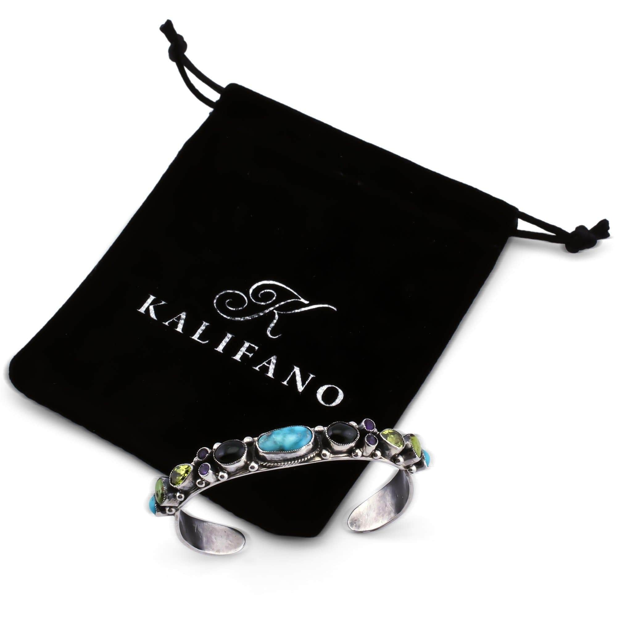 Kalifano Native American Jewelry Leo Feeney Campitos Turquoise, Onyx, Amethyst, and Peridot USA Native American Made 925 Sterling Silver Cuff NAB1300.001