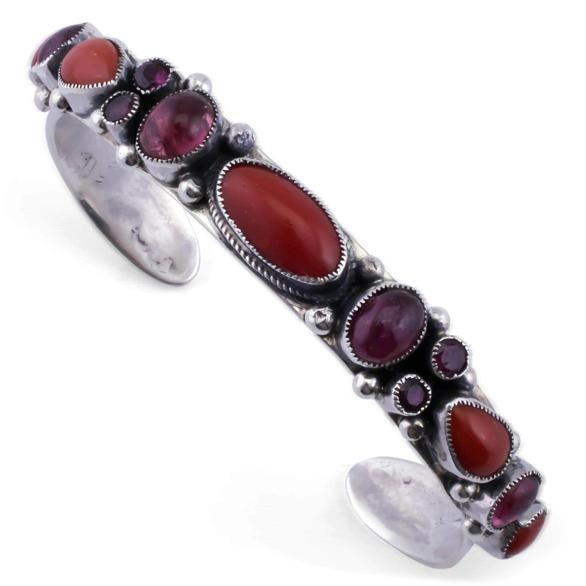 Kalifano Native American Jewelry Leo Feeney Coral and Pink Tourmaline USA Native American Made 925 Sterling Silver Cuff NAB1800.003