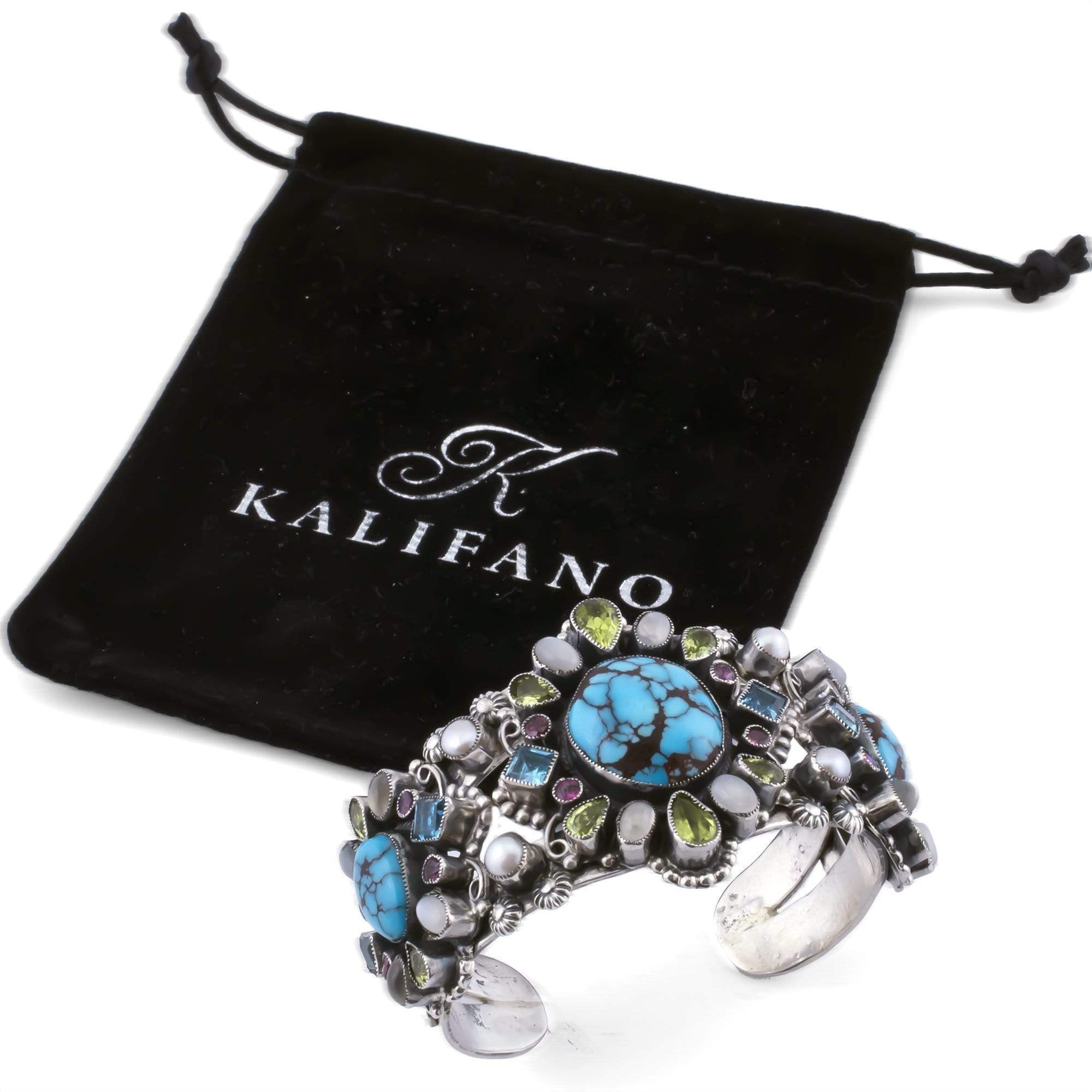 Kalifano Native American Jewelry Leo Feeney Prince Turquoise, Pink Garnet, Blue Topaz, Peridot, and Mother of Pearl USA Native American Made 925 Sterling Silver Cuff NAB4500.001