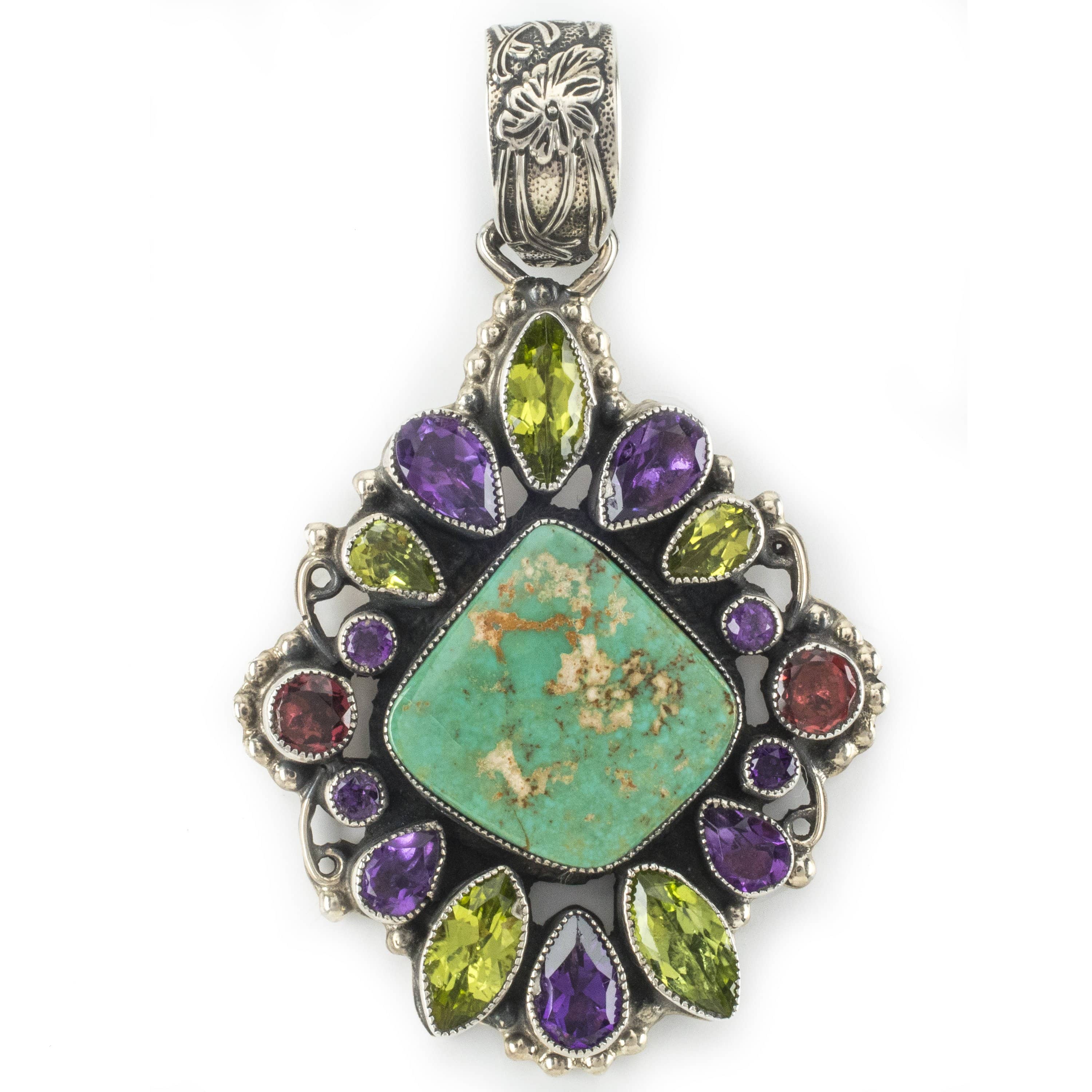 Kalifano Native American Jewelry Leo Feeney Royston Turquoise, Amethyst, and Peridot USA Native American Made 925 Sterling Silver Pendant NAN2400.012