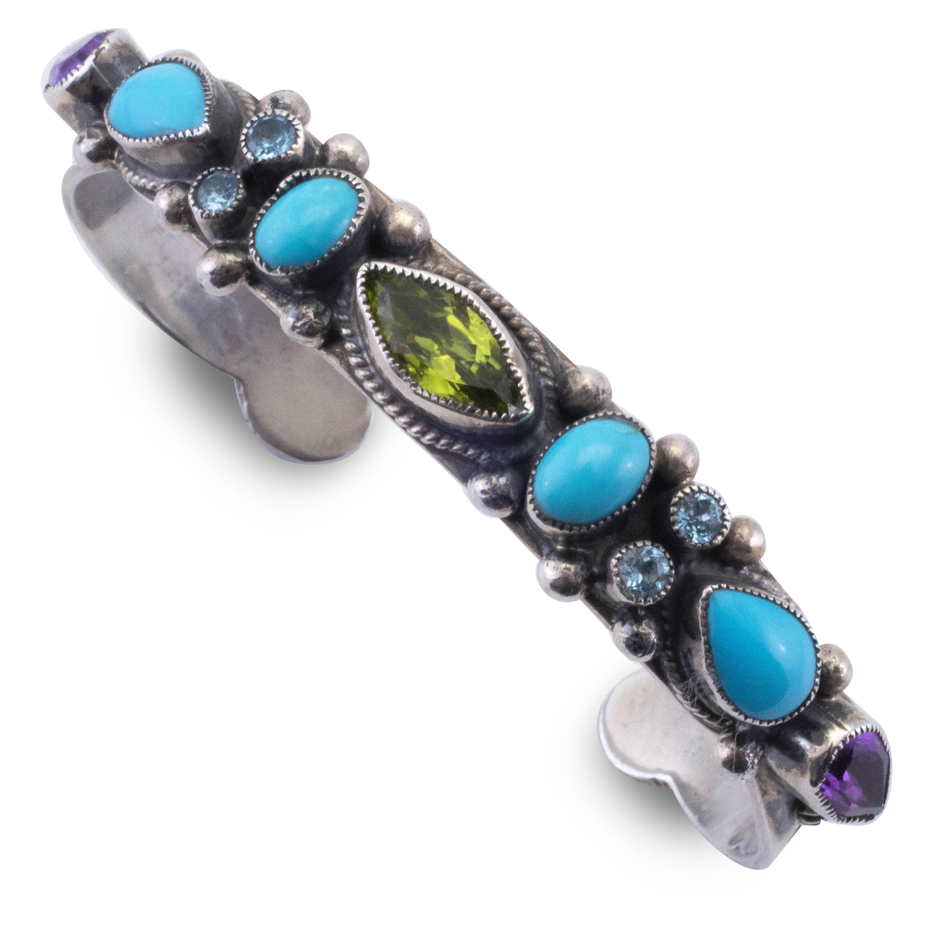 Kalifano Native American Jewelry Leo Feeney Sleeping Beauty Turquoise, Peridot, Amethyst, and Blue Topaz USA Native American Made 925 Sterling Silver Cuff NAB1800.027