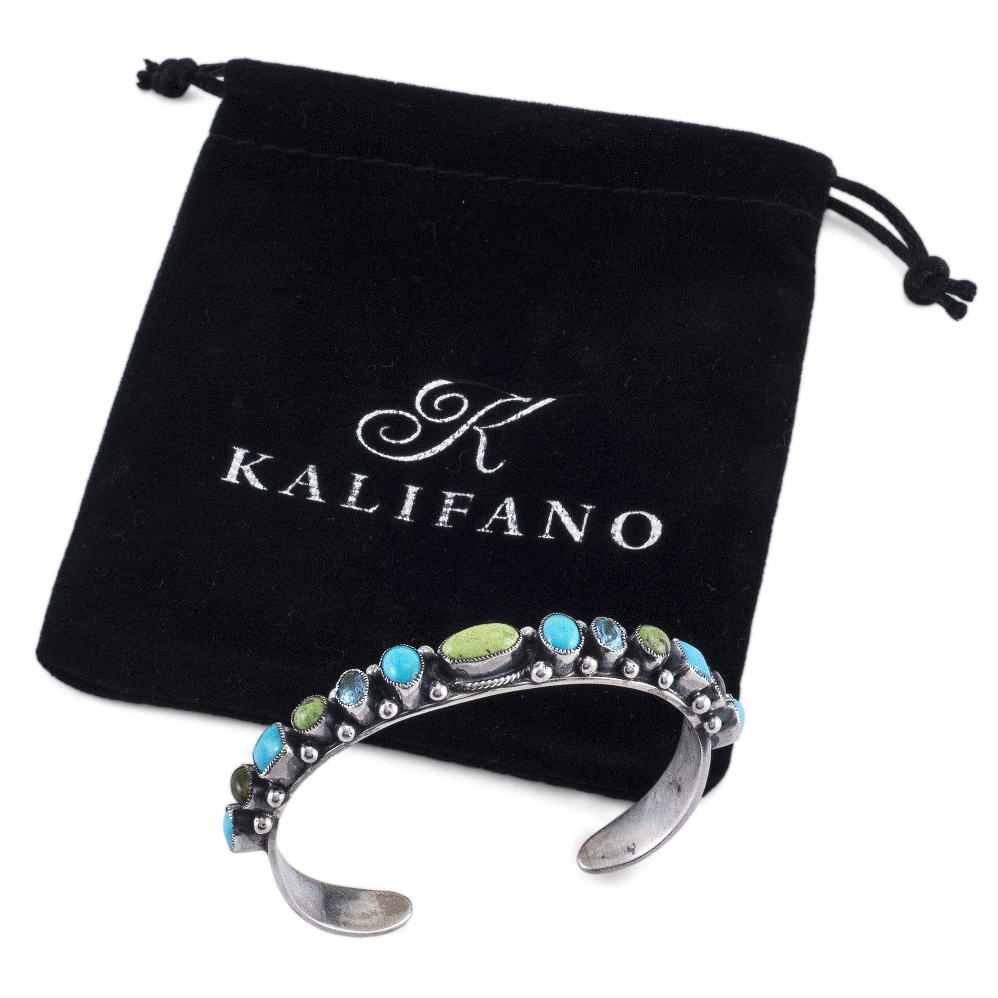 Kalifano Native American Jewelry Leo Feeney Sleeping Beauty Turquoise, Peridot, Gaspite, and Blue Topaz USA Native American Made 925 Sterling Silver Cuff NAB1400.001