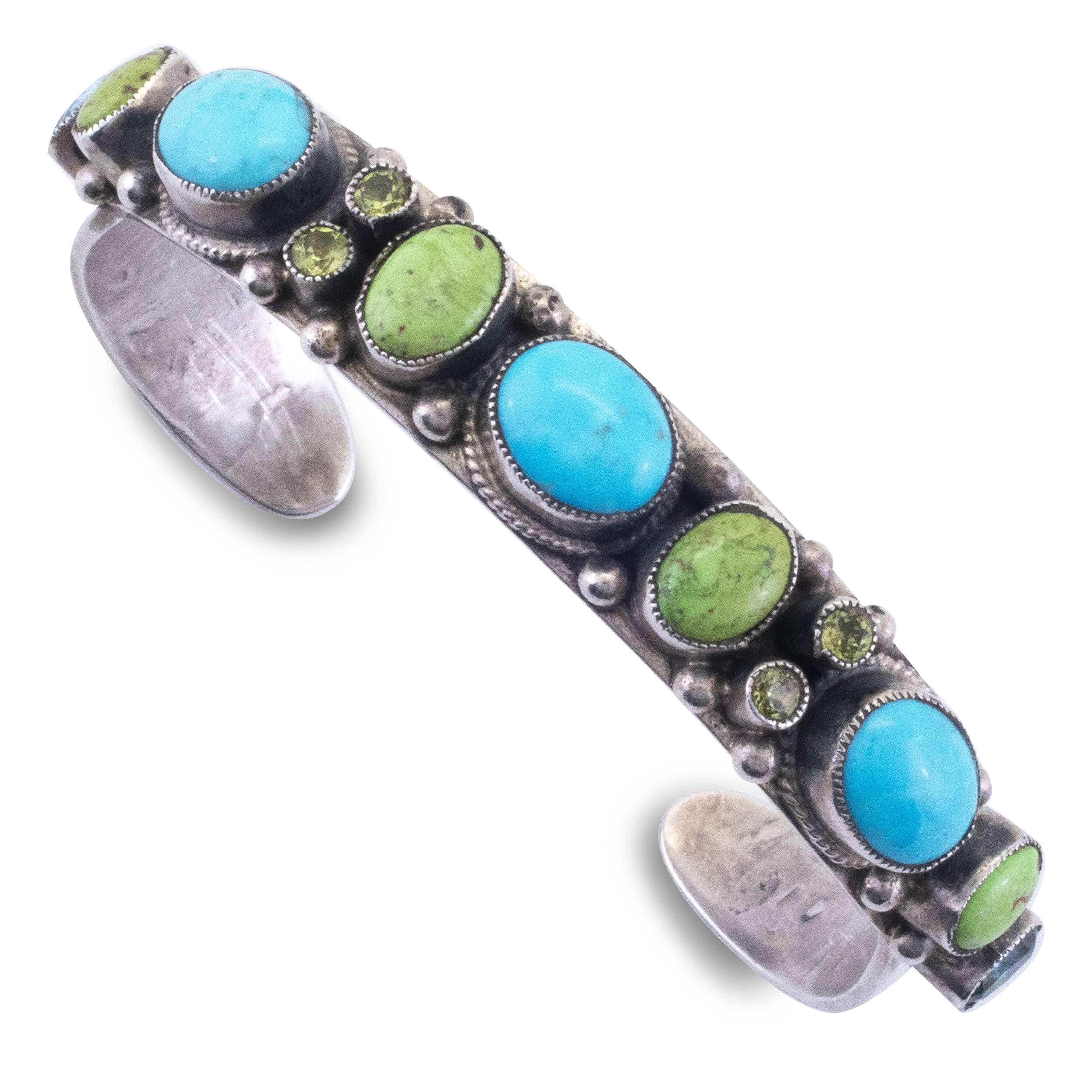 Kalifano Native American Jewelry Leo Feeney Sleeping Beauty Turquoise, Peridot, Gaspite, and Blue Topaz USA Native American Made 925 Sterling Silver Cuff NAB2400.012