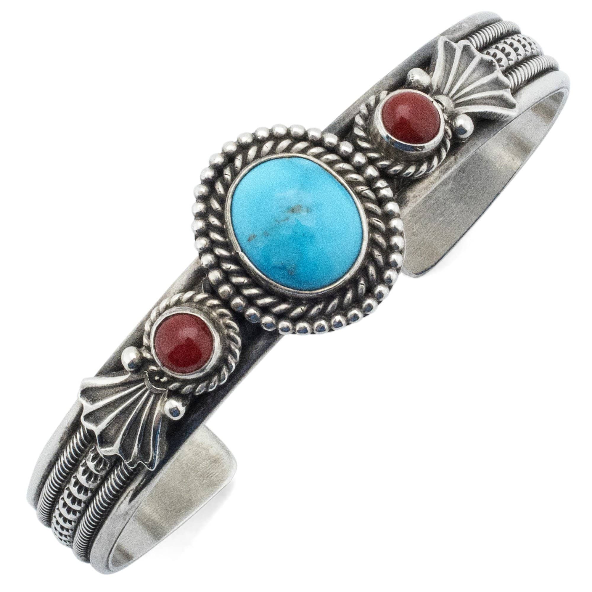 Kalifano Native American Jewelry Navajo Kingman Turquoise and Coral USA Native American Made 925 Sterling Silver Cuff NAB1200.002