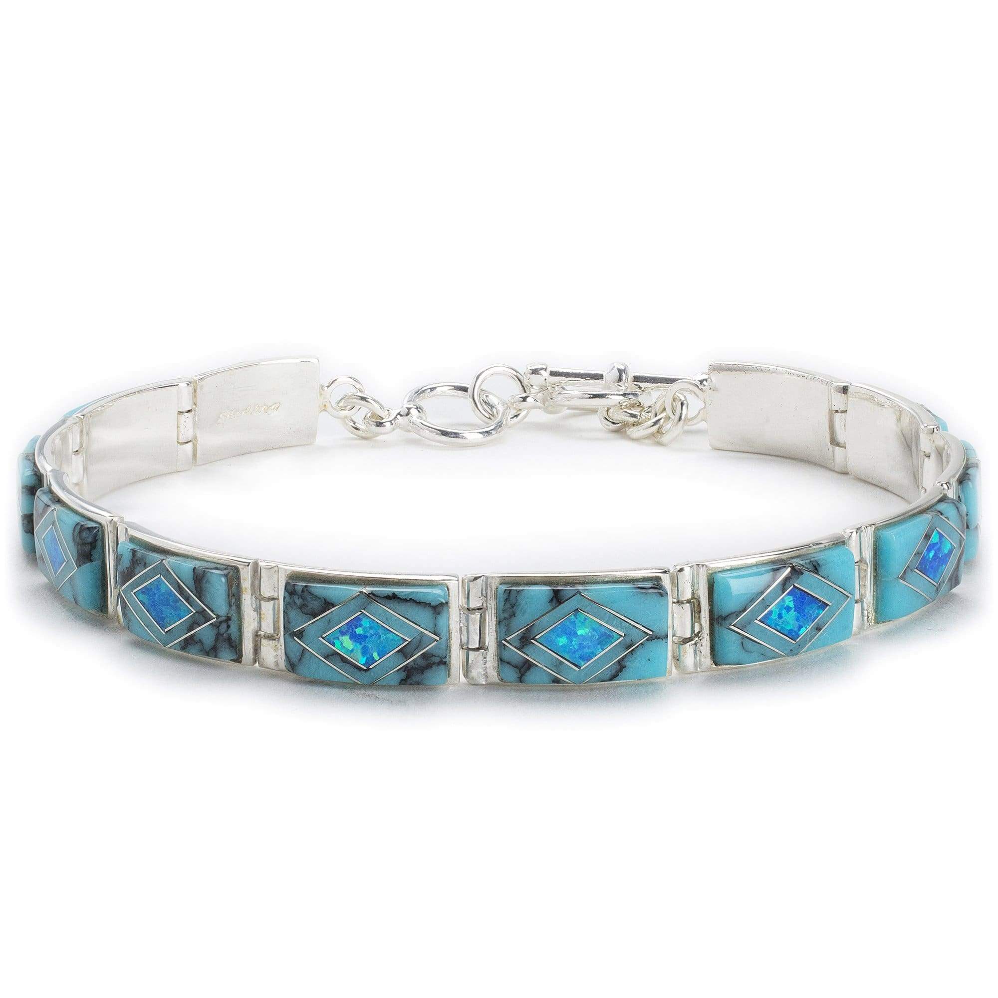 Kalifano Native American Jewelry NMB.0553.TQ - Turquoise 925 Sterling Silver Bracelet USA Handmade with Opal Accent- 12 links, 7 inches with 1 inch toggle clasp extender NMB.0553.TQ
