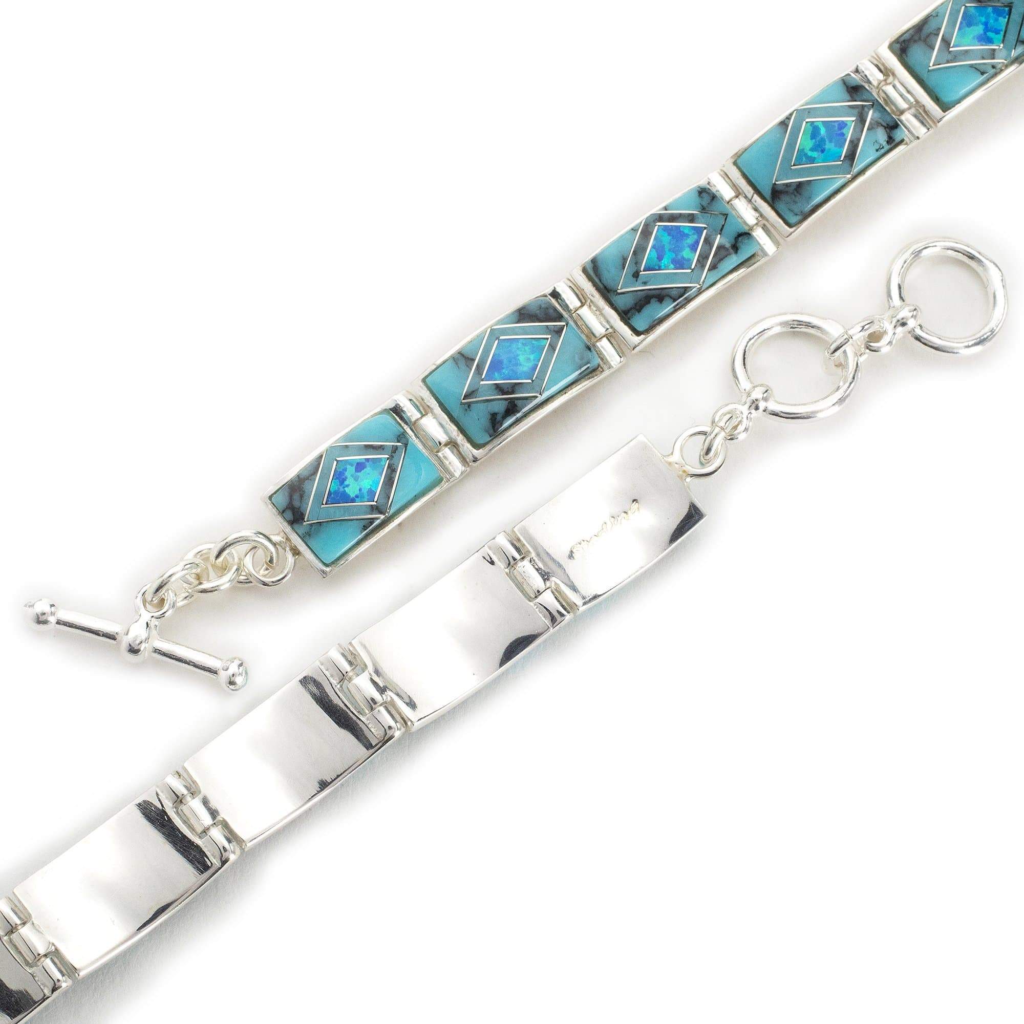 Kalifano Native American Jewelry NMB.0553.TQ - Turquoise 925 Sterling Silver Bracelet USA Handmade with Opal Accent- 12 links, 7 inches with 1 inch toggle clasp extender NMB.0553.TQ