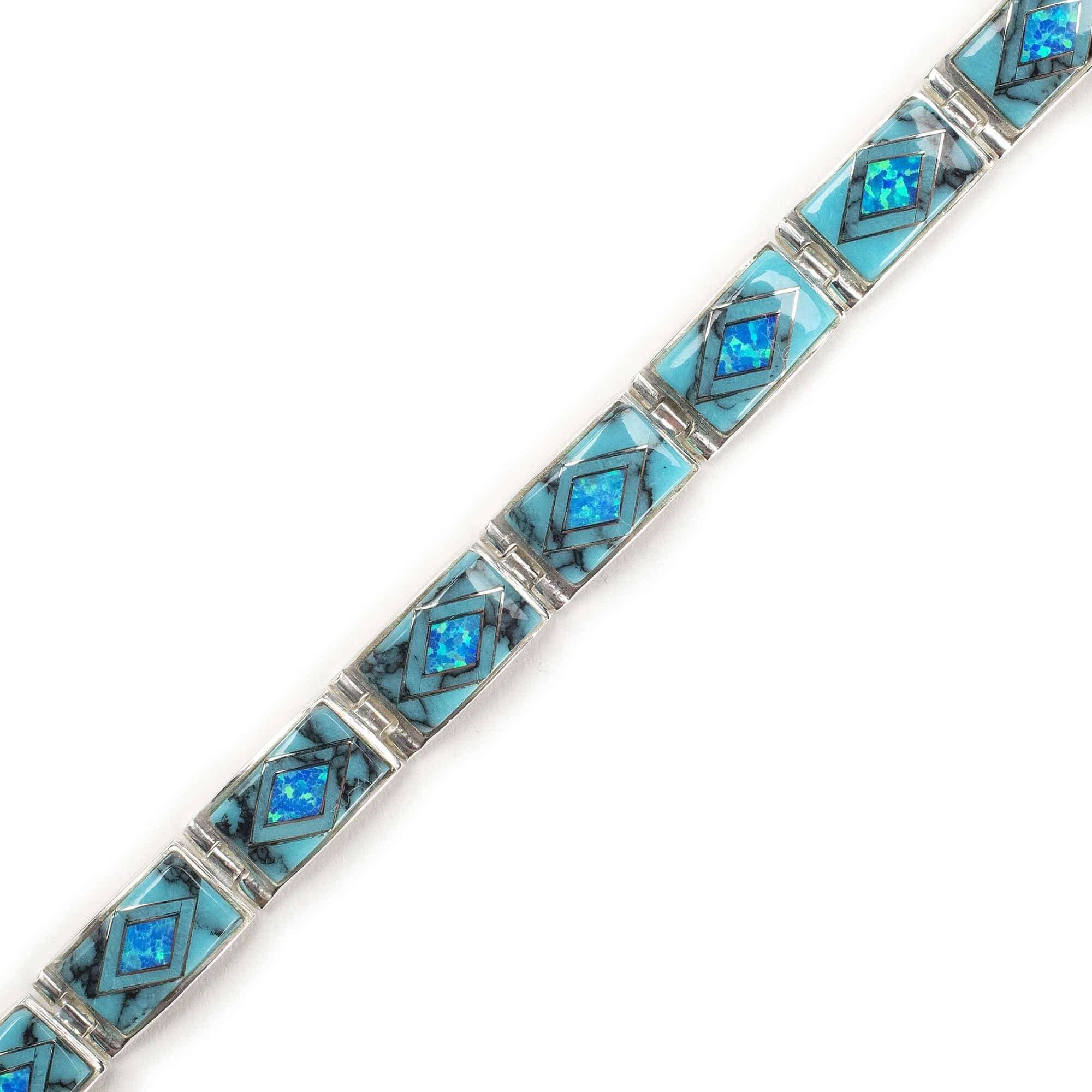 Kalifano Native American Jewelry NMB.0553.TQ - Turquoise 925 Sterling Silver Bracelet USA Handmade with Opal Accent- 12 links, 7 inches with 1 inch toggle clasp extender NMB.0553.TQ