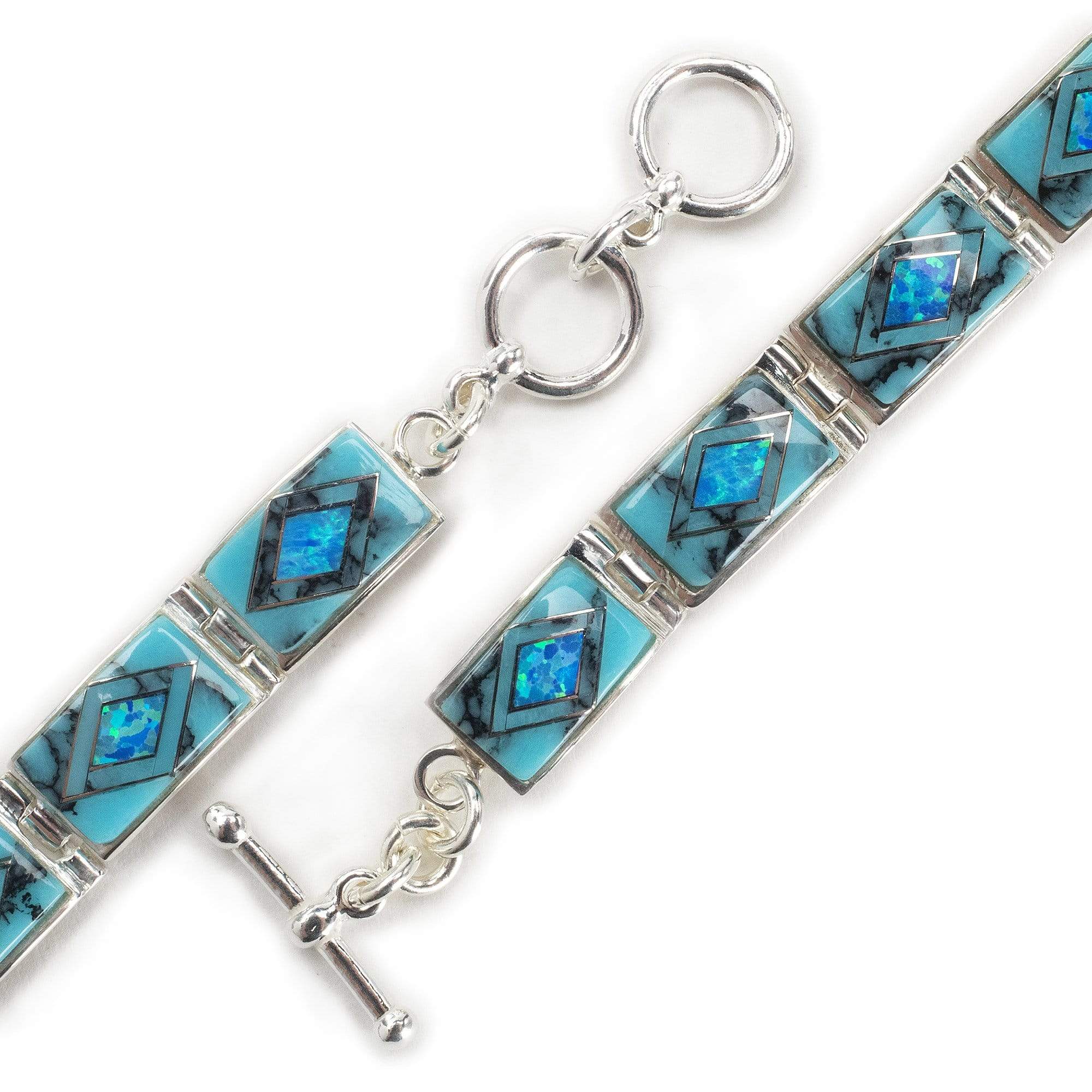 Kalifano Native American Jewelry NMB.0553.TQ - Turquoise 925 Sterling Silver Bracelet USA Handmade with Opal Accent- 12 links, 7 inches with 1 inch toggle clasp extender NMB.0553.TQ