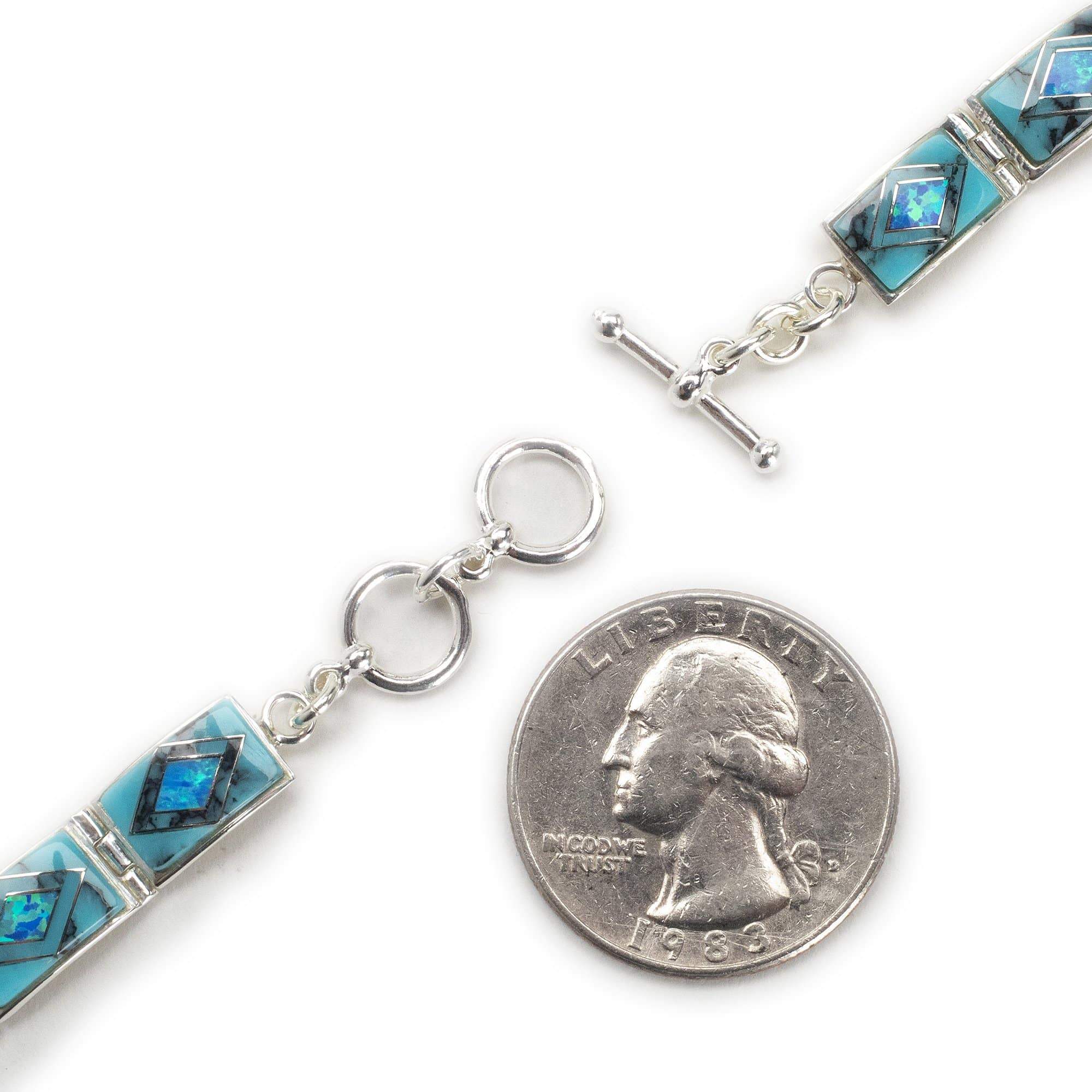 Kalifano Native American Jewelry NMB.0553.TQ - Turquoise 925 Sterling Silver Bracelet USA Handmade with Opal Accent- 12 links, 7 inches with 1 inch toggle clasp extender NMB.0553.TQ
