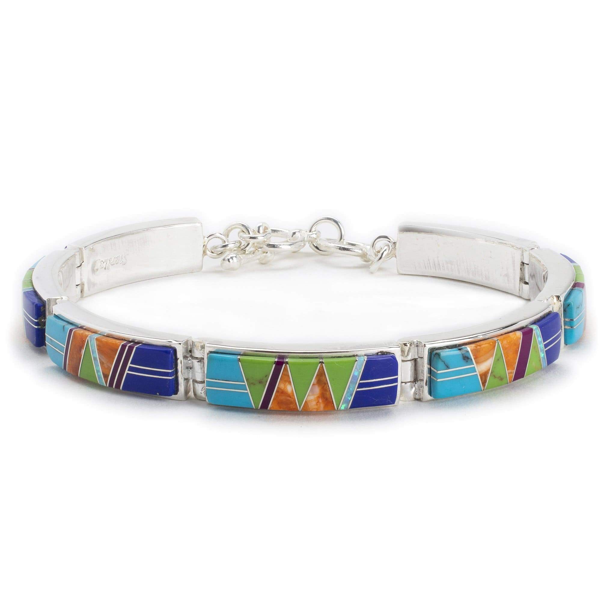 Kalifano Native American Jewelry NMB.0565.MT - Multi Gemstone 925 Sterling Silver Bracelet USA Handmade with Opal Accent- 7 links, 7 inches with 1 inch toggle clasp extender NMB.0565.MT