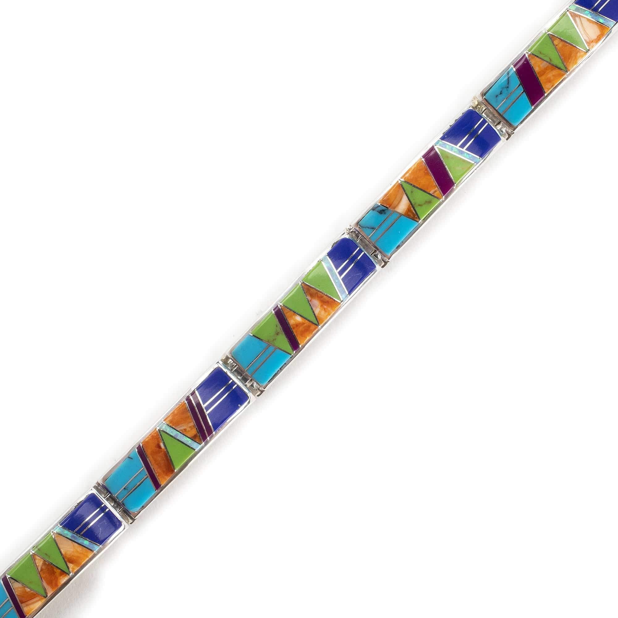 Kalifano Native American Jewelry NMB.0565.MT - Multi Gemstone 925 Sterling Silver Bracelet USA Handmade with Opal Accent- 7 links, 7 inches with 1 inch toggle clasp extender NMB.0565.MT