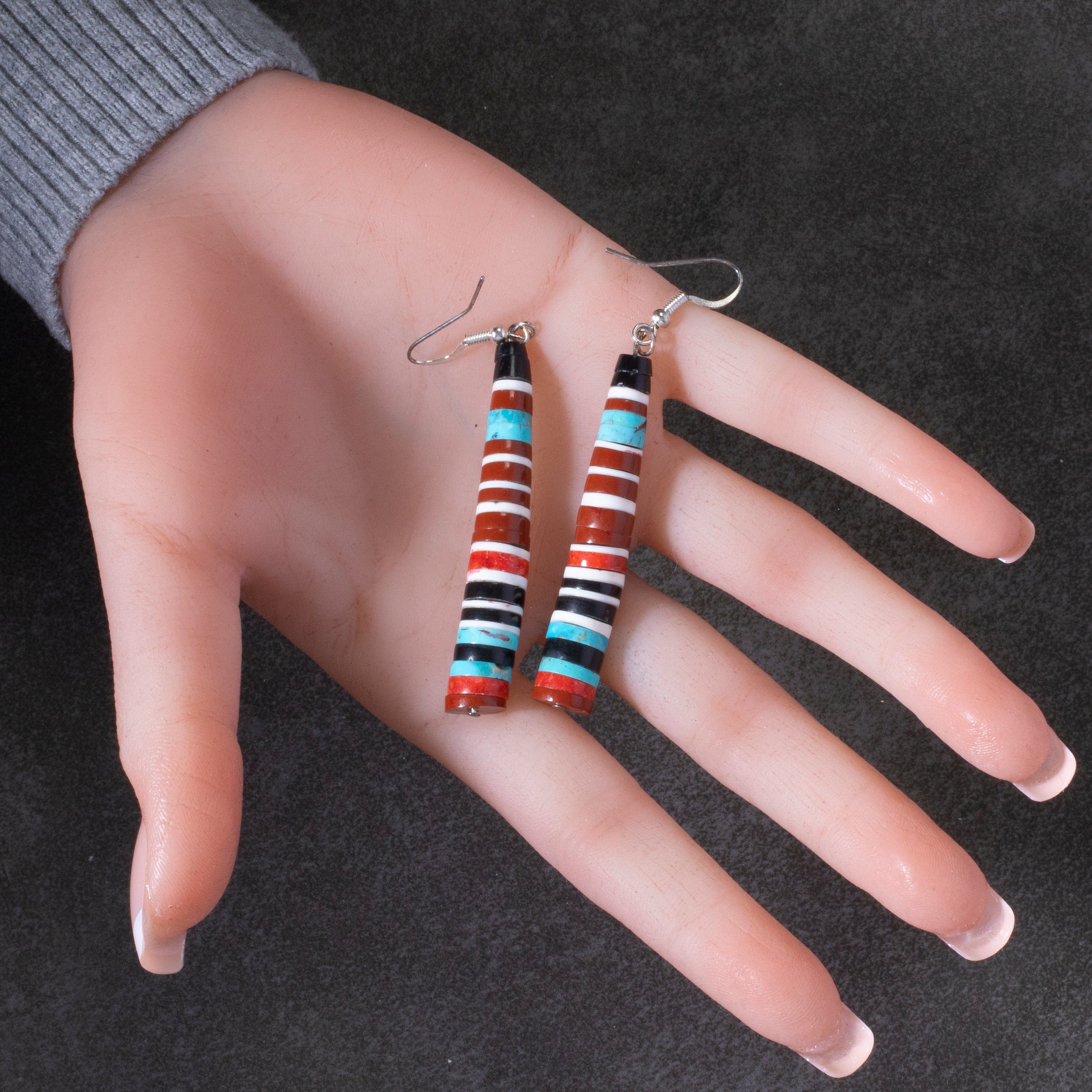 Kalifano Native American Jewelry Pula Calabaza Santo Domingo Heishi Turquoise, Jet, Howlite, Coral and Spiny Oyster Shell USA Native American Made 925 Sterling Silver Dangly Earrings NAE400.025
