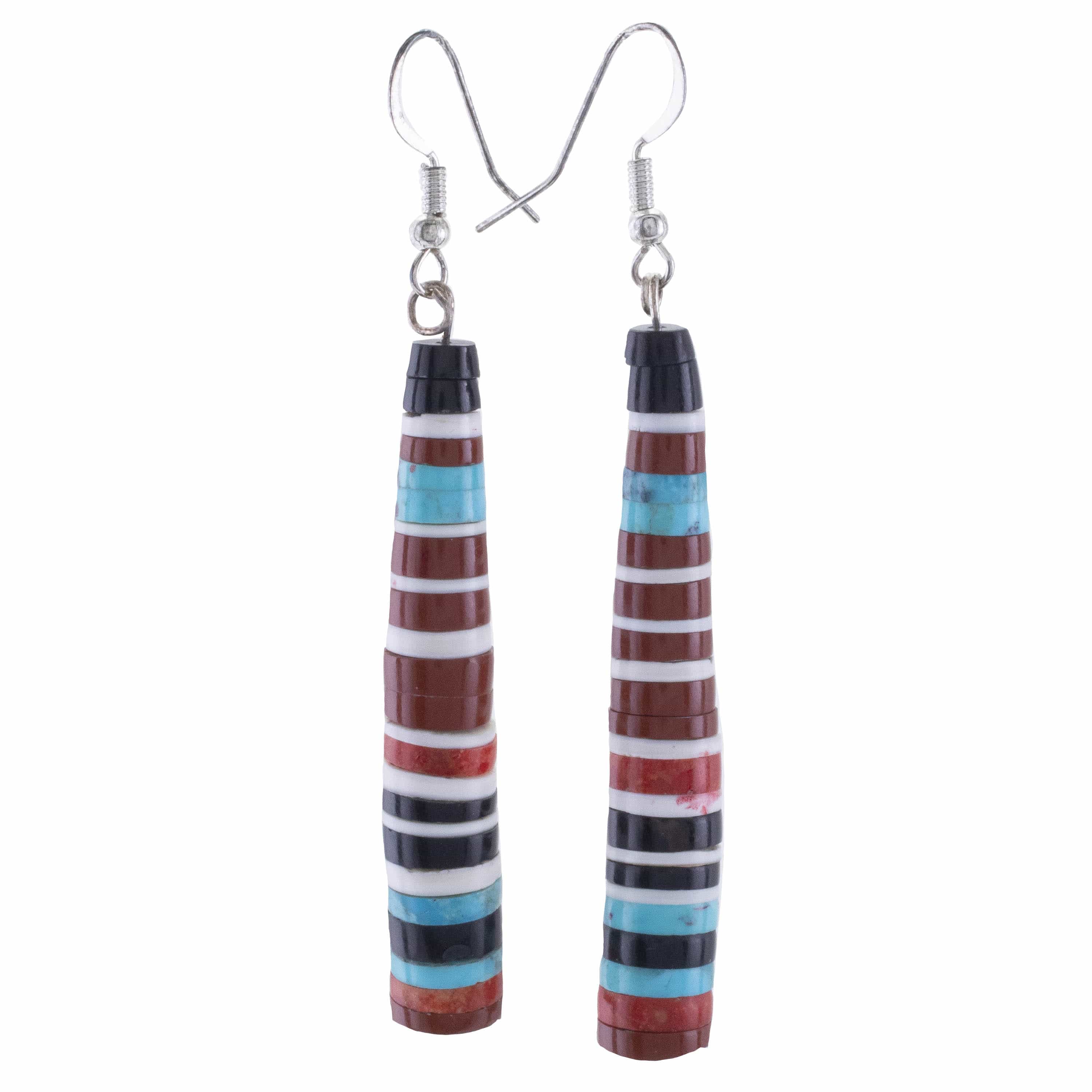 Kalifano Native American Jewelry Pula Calabaza Santo Domingo Heishi Turquoise, Jet, Howlite, Coral and Spiny Oyster Shell USA Native American Made 925 Sterling Silver Dangly Earrings NAE400.025
