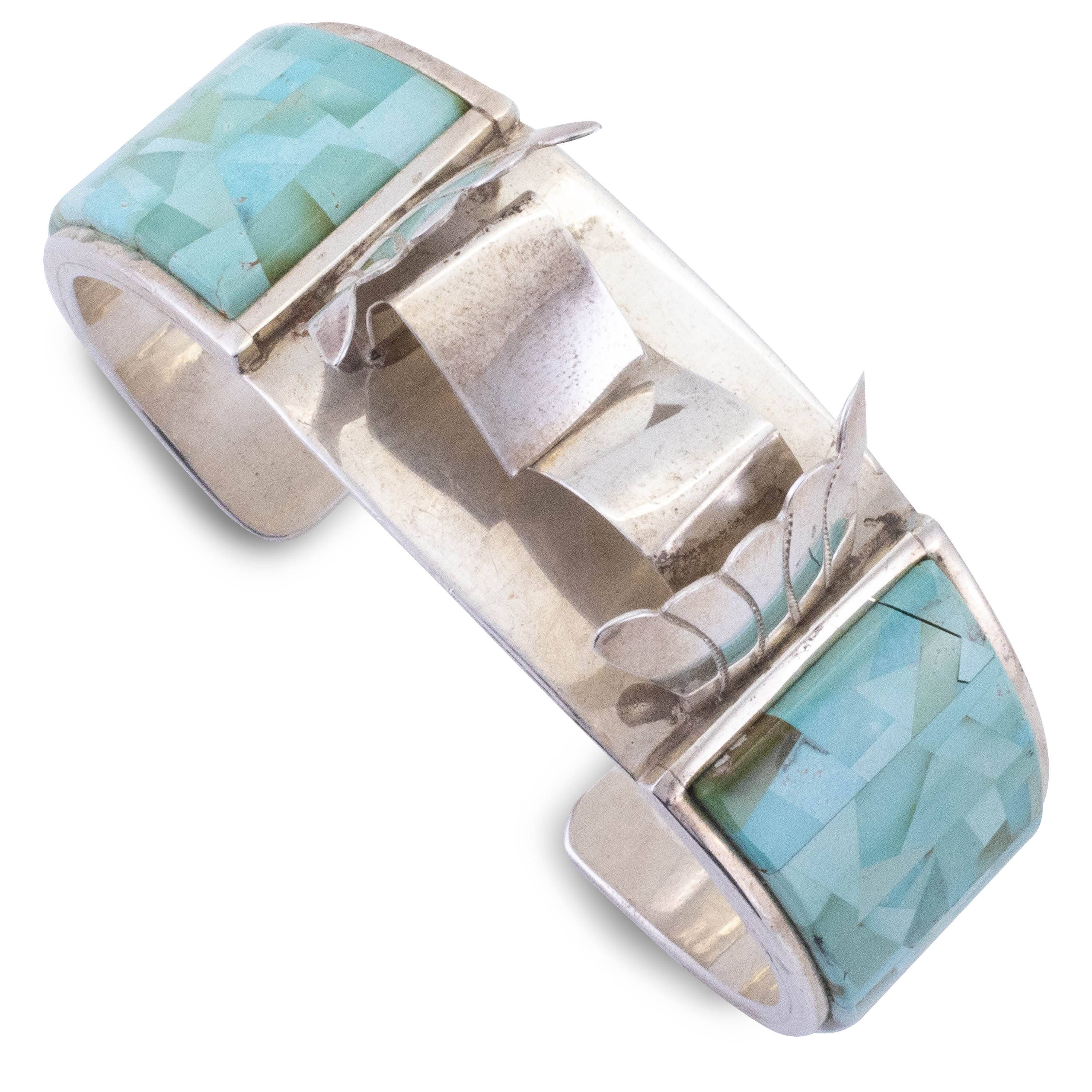 Kalifano Native American Jewelry Royston Turquoise Inlay by Calvin Desson with Silverwork by Ronald Tom USA Native American Made 925 Sterling Silver Cuff NAB4800.001