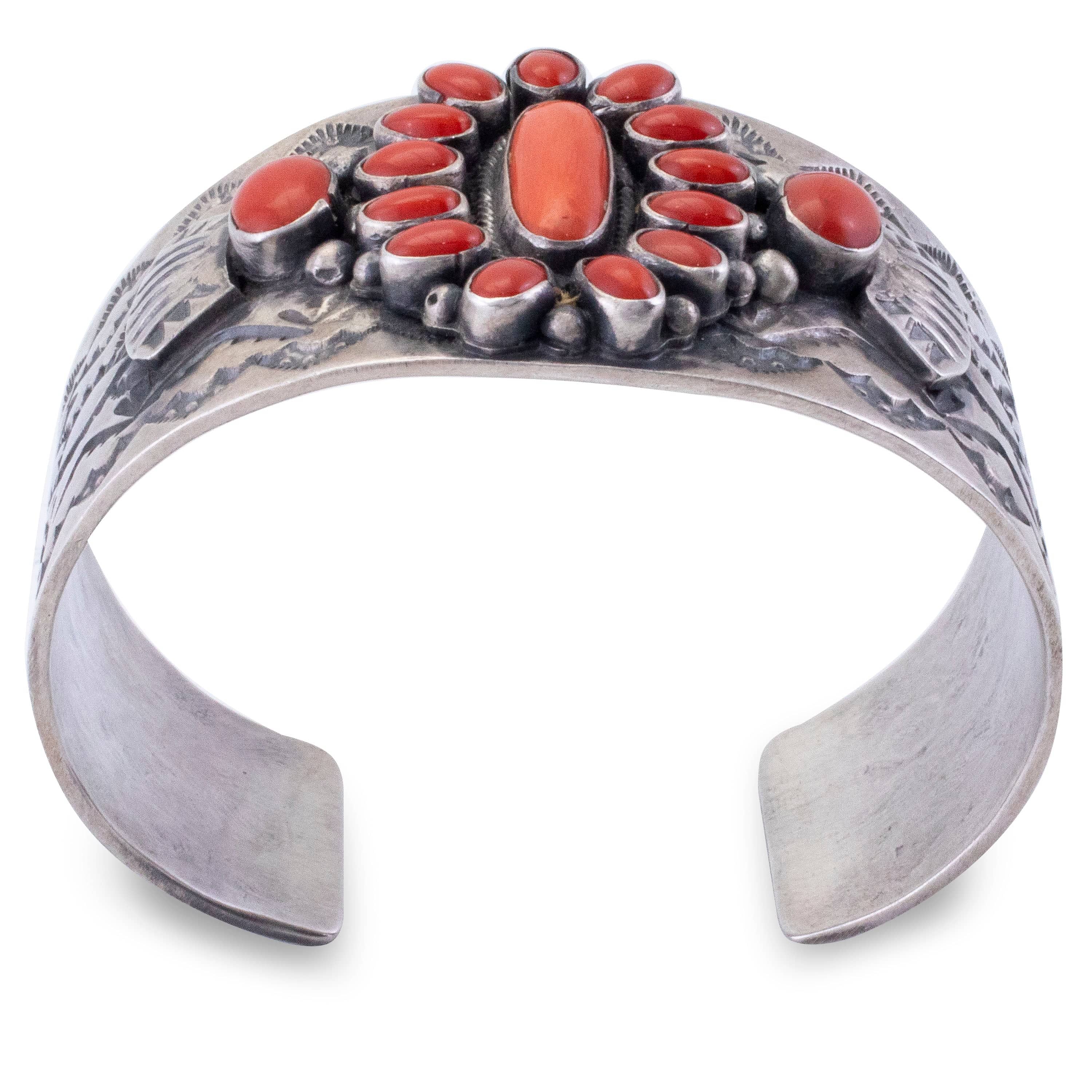 Kalifano Native American Jewelry Sheila Tso Navajo Coral USA Native American Made 925 Sterling Silver Cuff NAB4200.002
