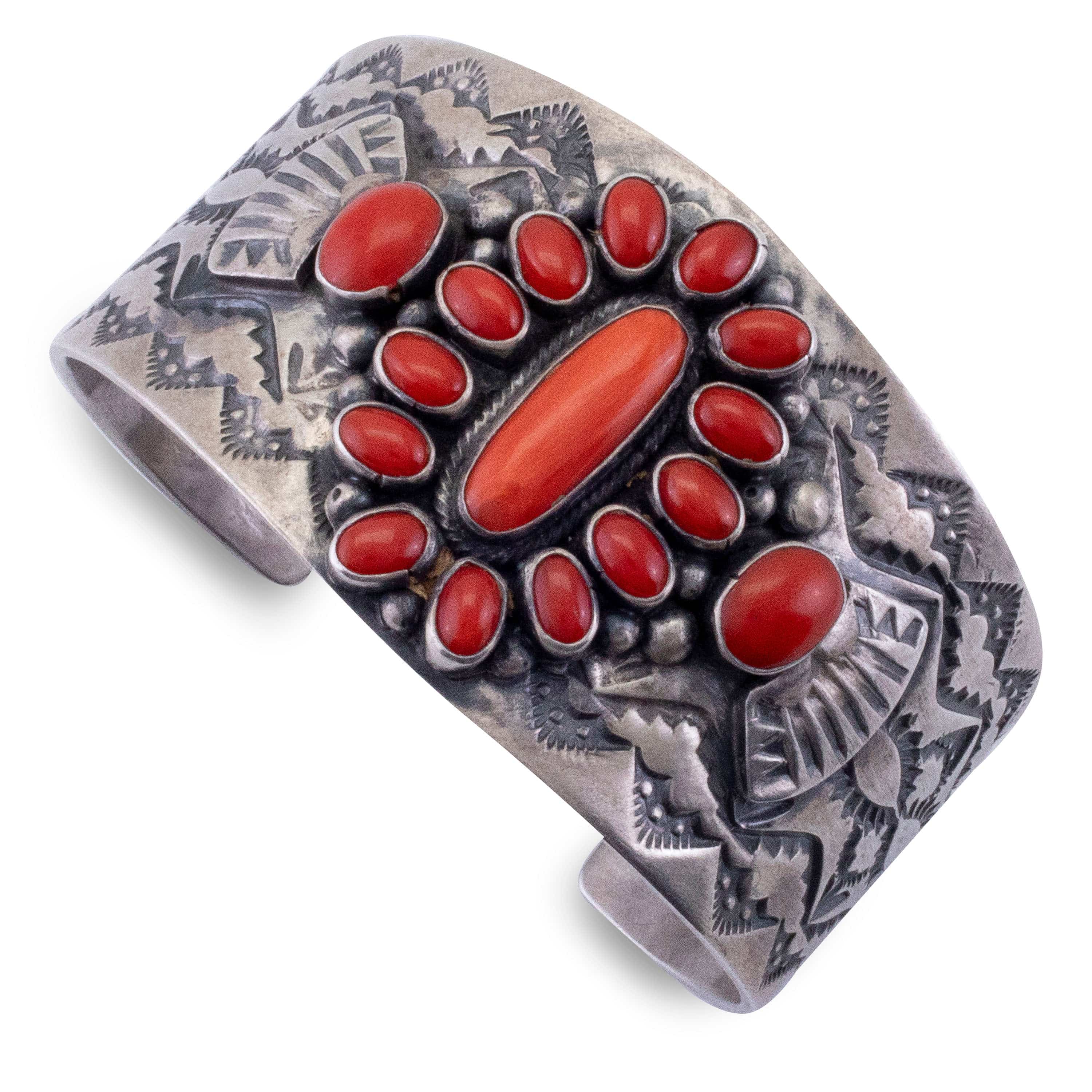 Kalifano Native American Jewelry Sheila Tso Navajo Coral USA Native American Made 925 Sterling Silver Cuff NAB4200.002