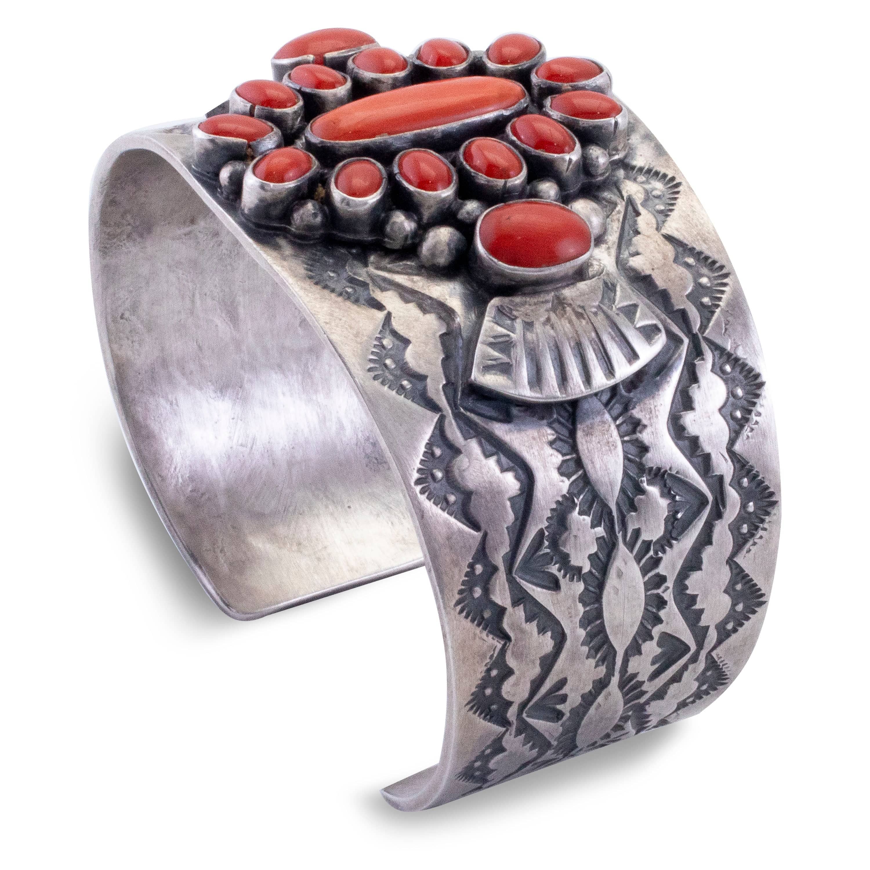 Kalifano Native American Jewelry Sheila Tso Navajo Coral USA Native American Made 925 Sterling Silver Cuff NAB4200.002