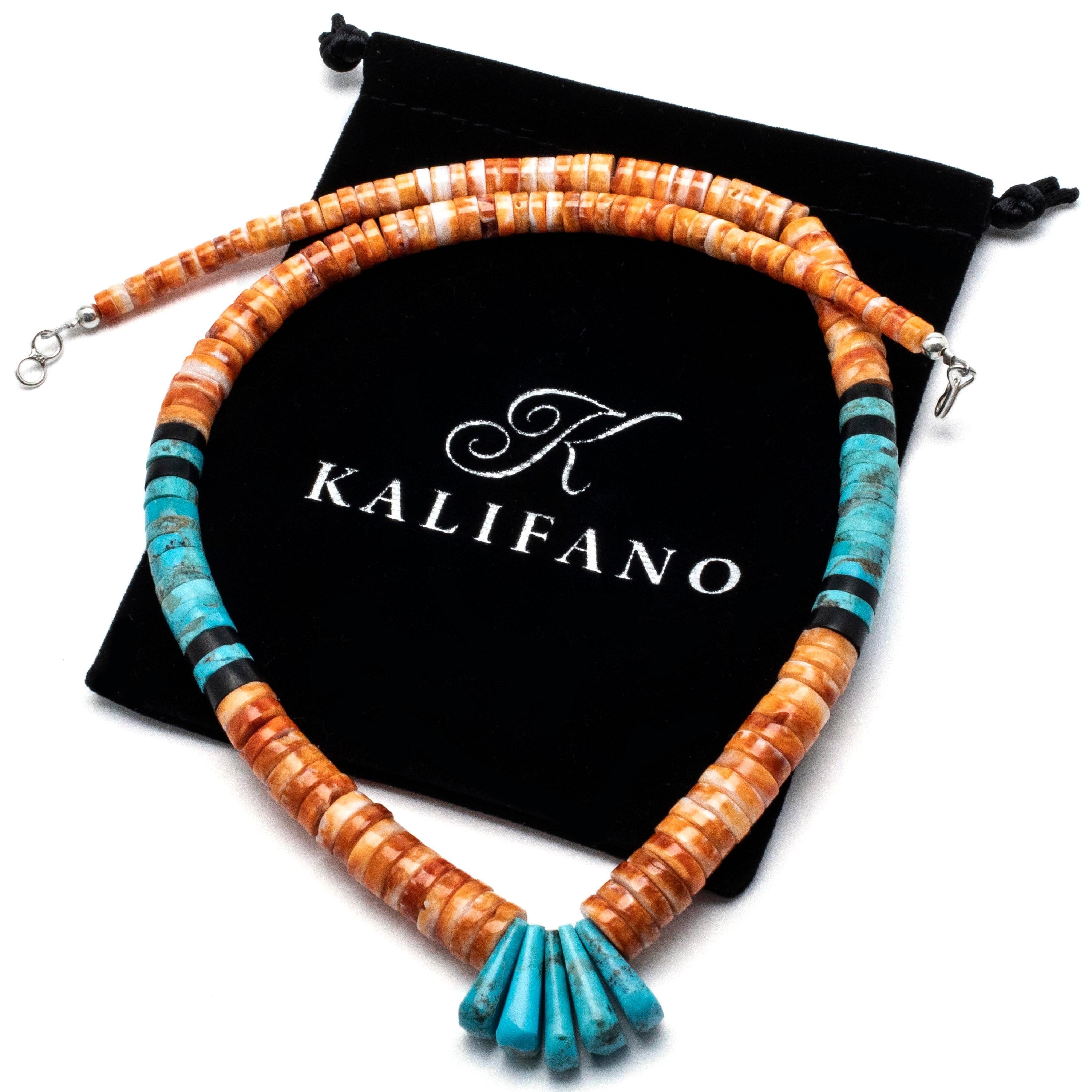 Kalifano Native American Jewelry Spiny Oyster Shell Disc Necklace with Kingman Turquoise USA Native American Made 925 Sterling Silver Necklace NAN1800.013