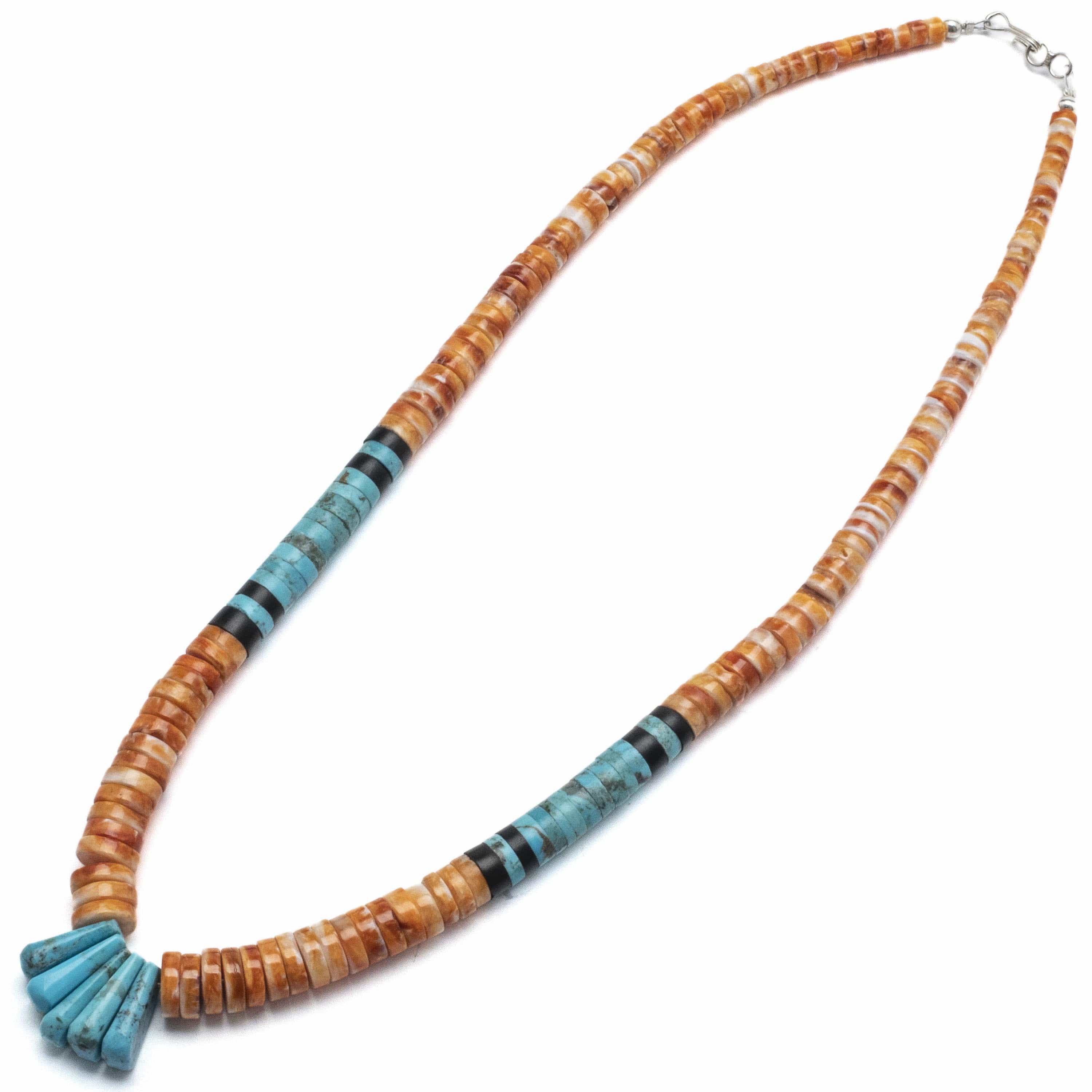 Kalifano Native American Jewelry Spiny Oyster Shell Disc Necklace with Kingman Turquoise USA Native American Made 925 Sterling Silver Necklace NAN1800.013