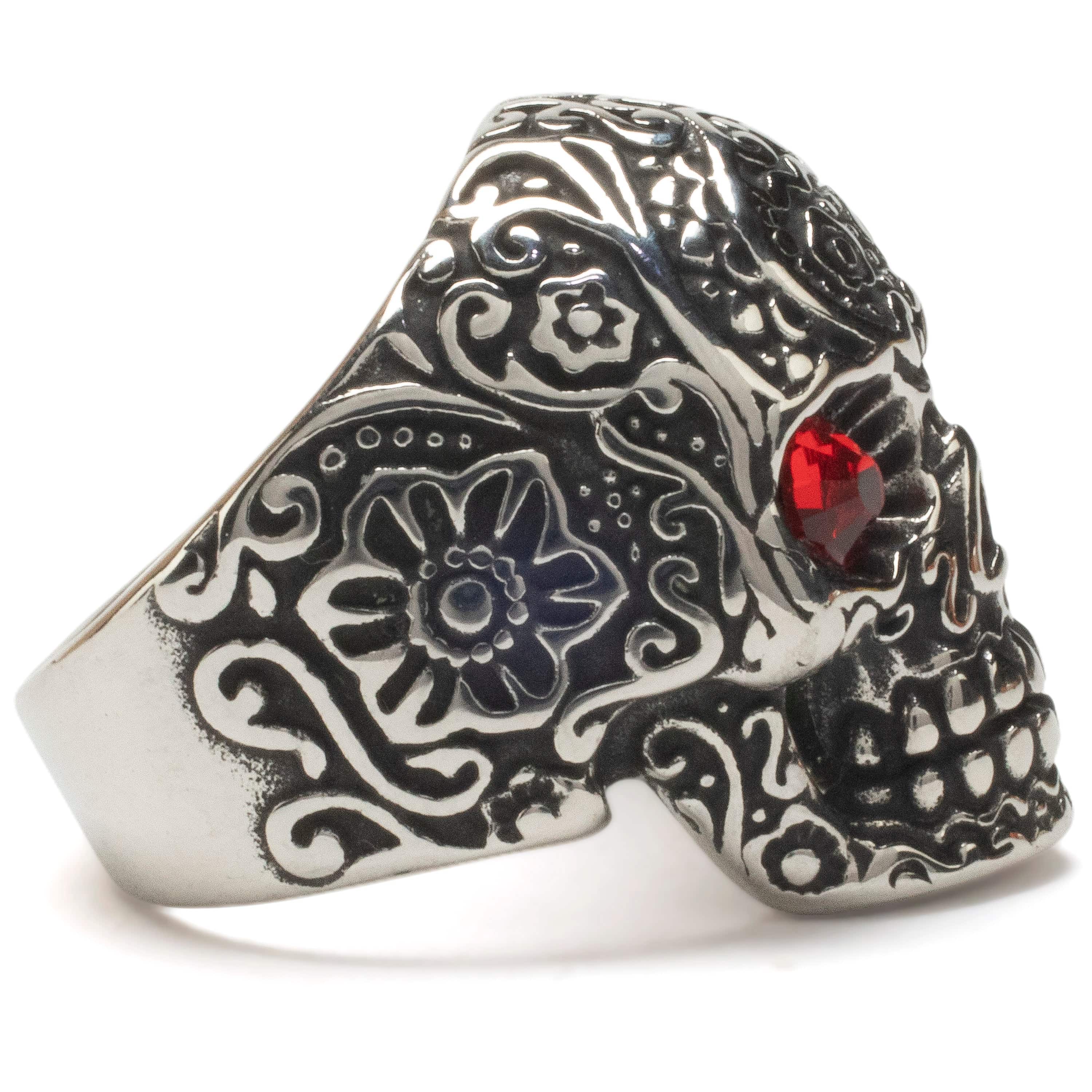 Kalifano Native American Jewelry Steel Hearts Ornate Skull with Red Gemstone Eyes Stainless Steel Ring