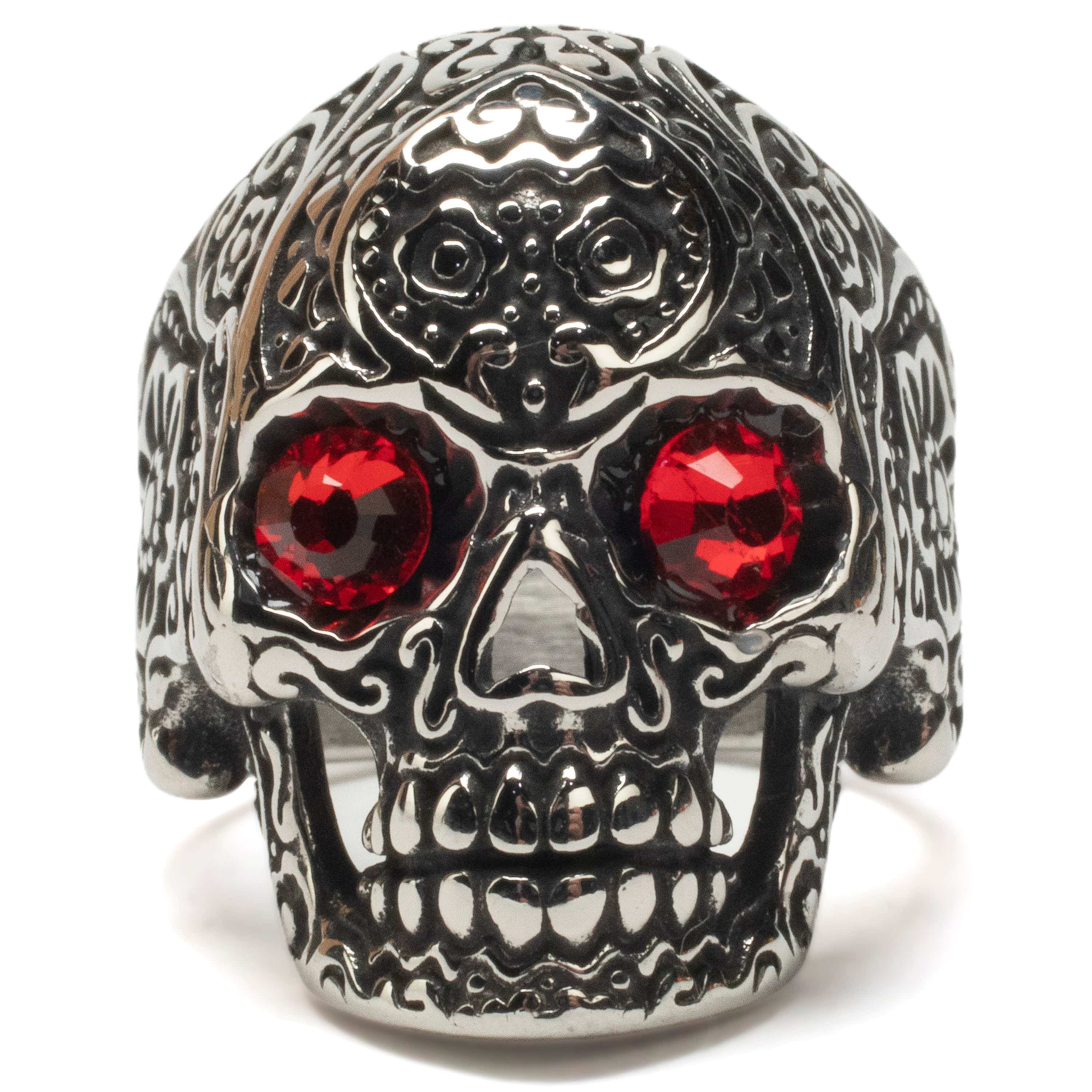 Kalifano Native American Jewelry Steel Hearts Ornate Skull with Red Gemstone Eyes Stainless Steel Ring