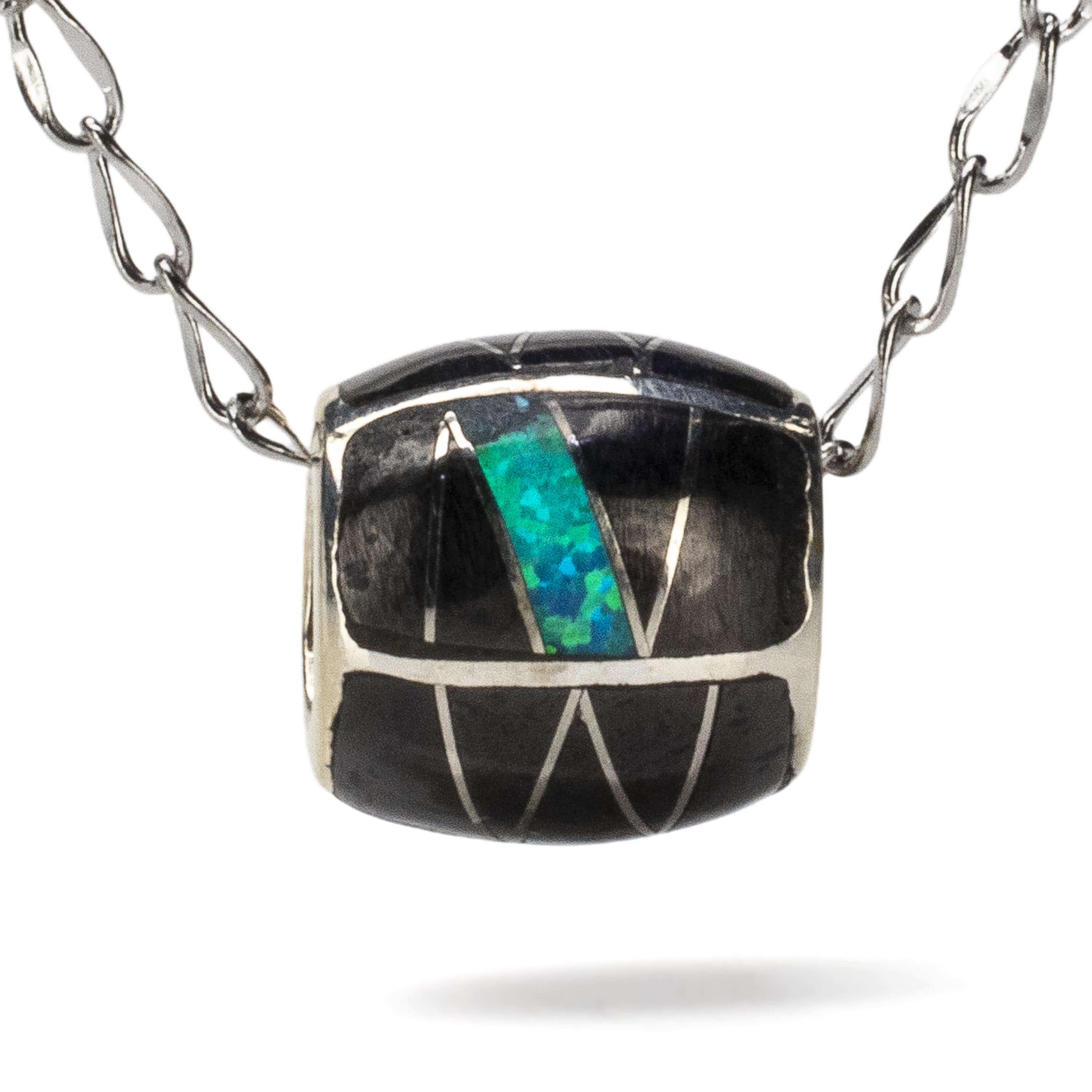 Kalifano Southwest Silver Jewelry Black Onyx Pendant Handmade with Sterling Silver and Aqua Opal Accent NMN.0570.BO