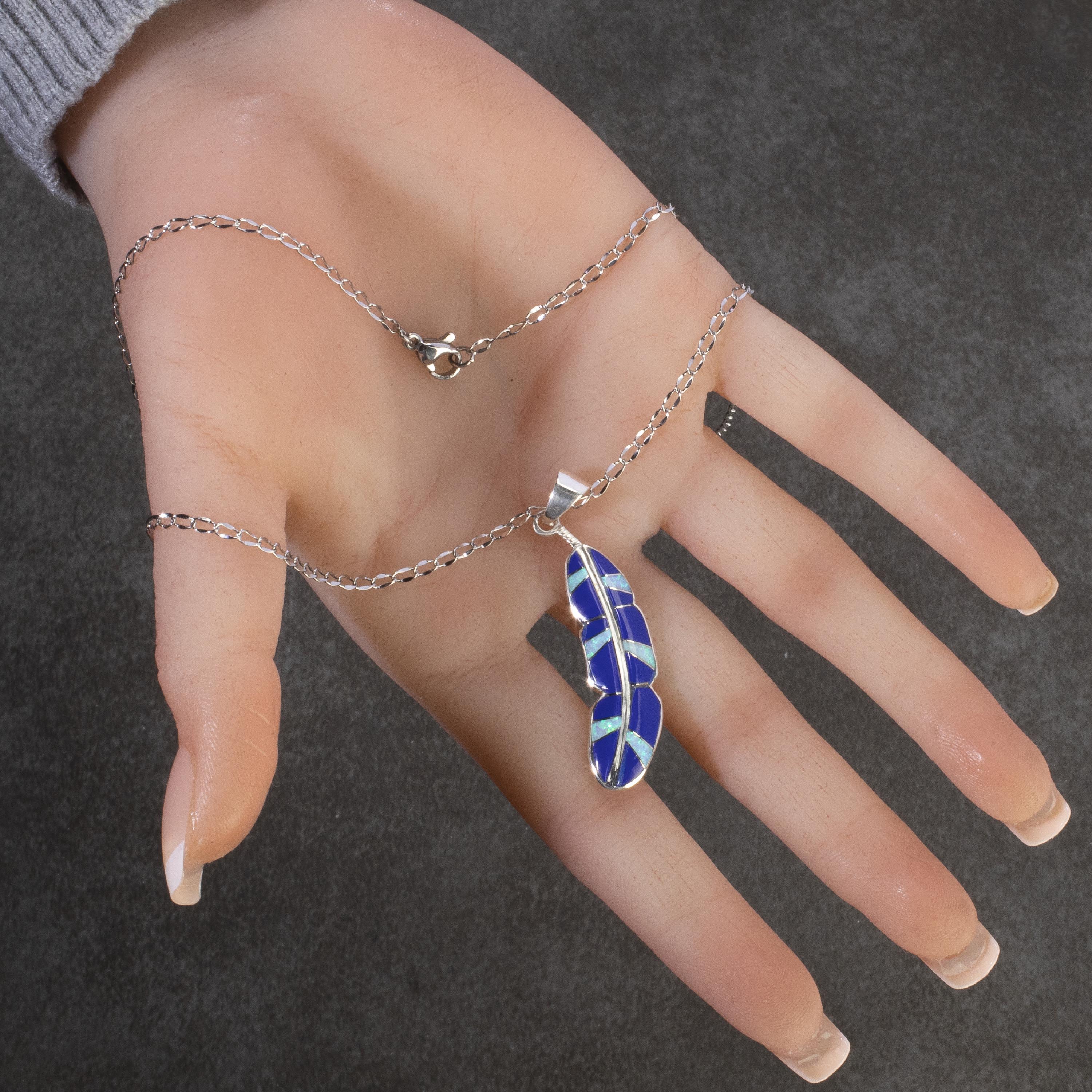 Kalifano Southwest Silver Jewelry Lapis Feather 925 Sterling Silver Pendant USA Handmade with Opal Accent NMN.2312.LP