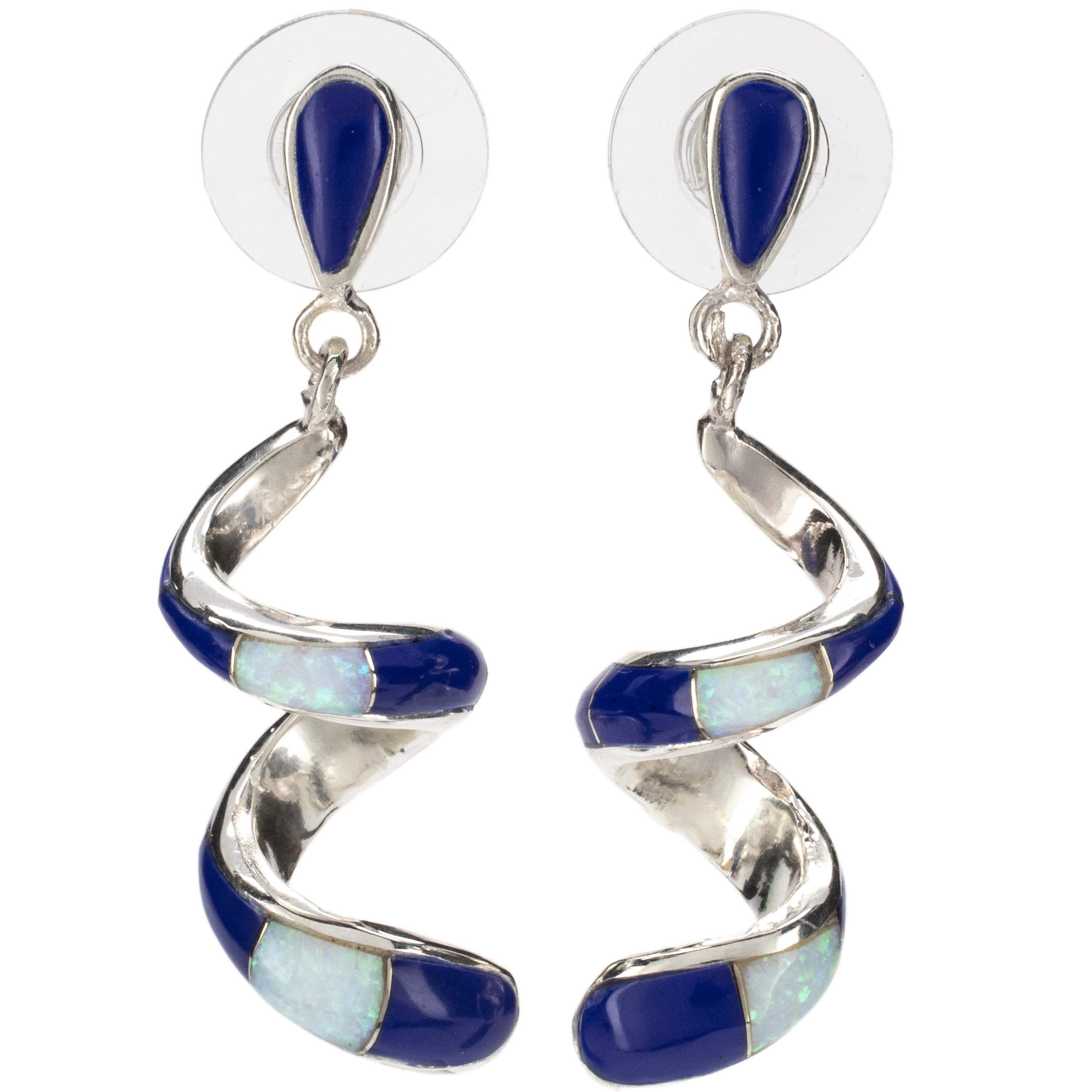 Kalifano Southwest Silver Jewelry Lapis Spiral Dangle Earrings Handmade with Sterling Silver and Opal Accent NME.0416.LP