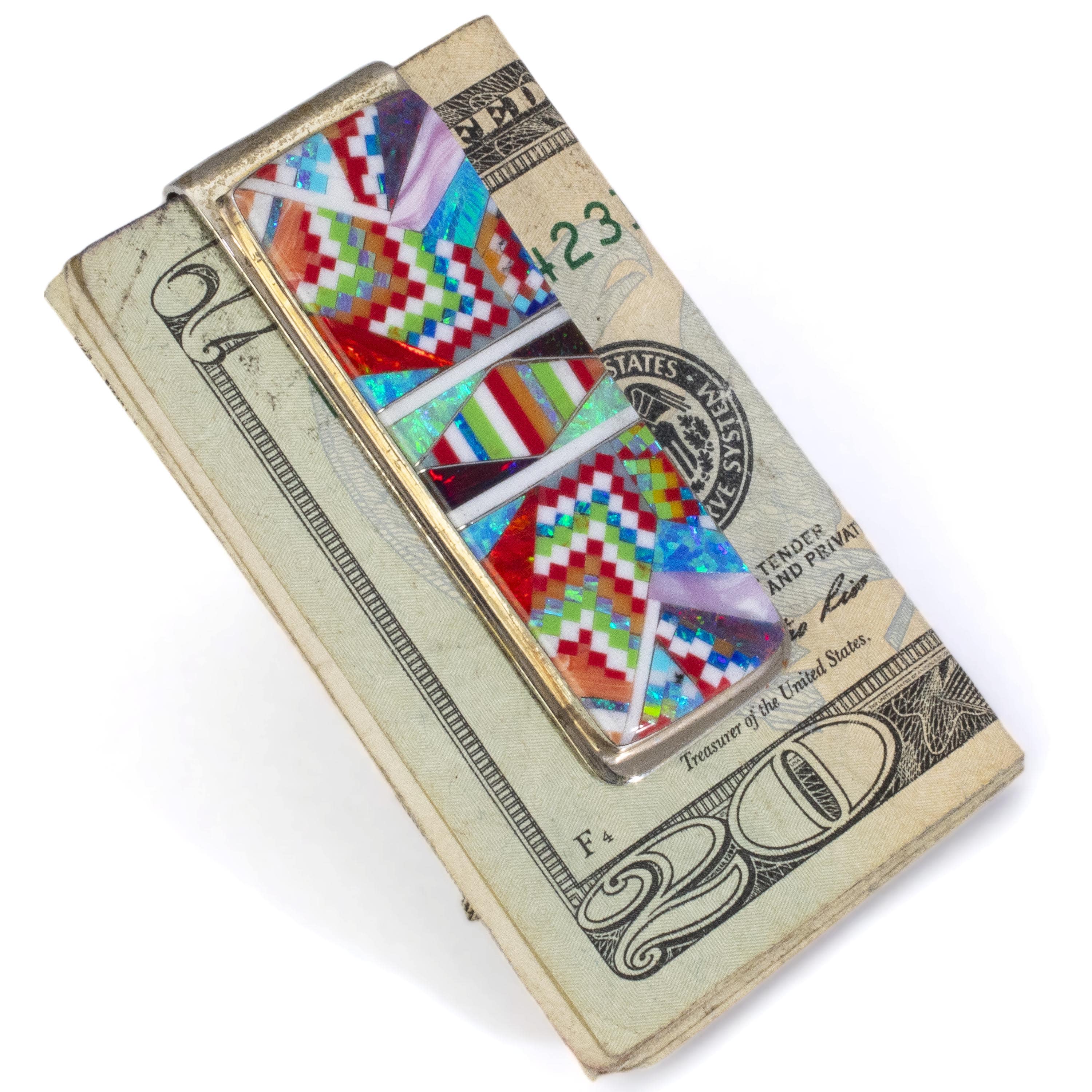 KALIFANO Southwest Silver Jewelry Multi Gem Opal Micro Inlay Handmade 925 Sterling Silver Money Clip AKMC200.001