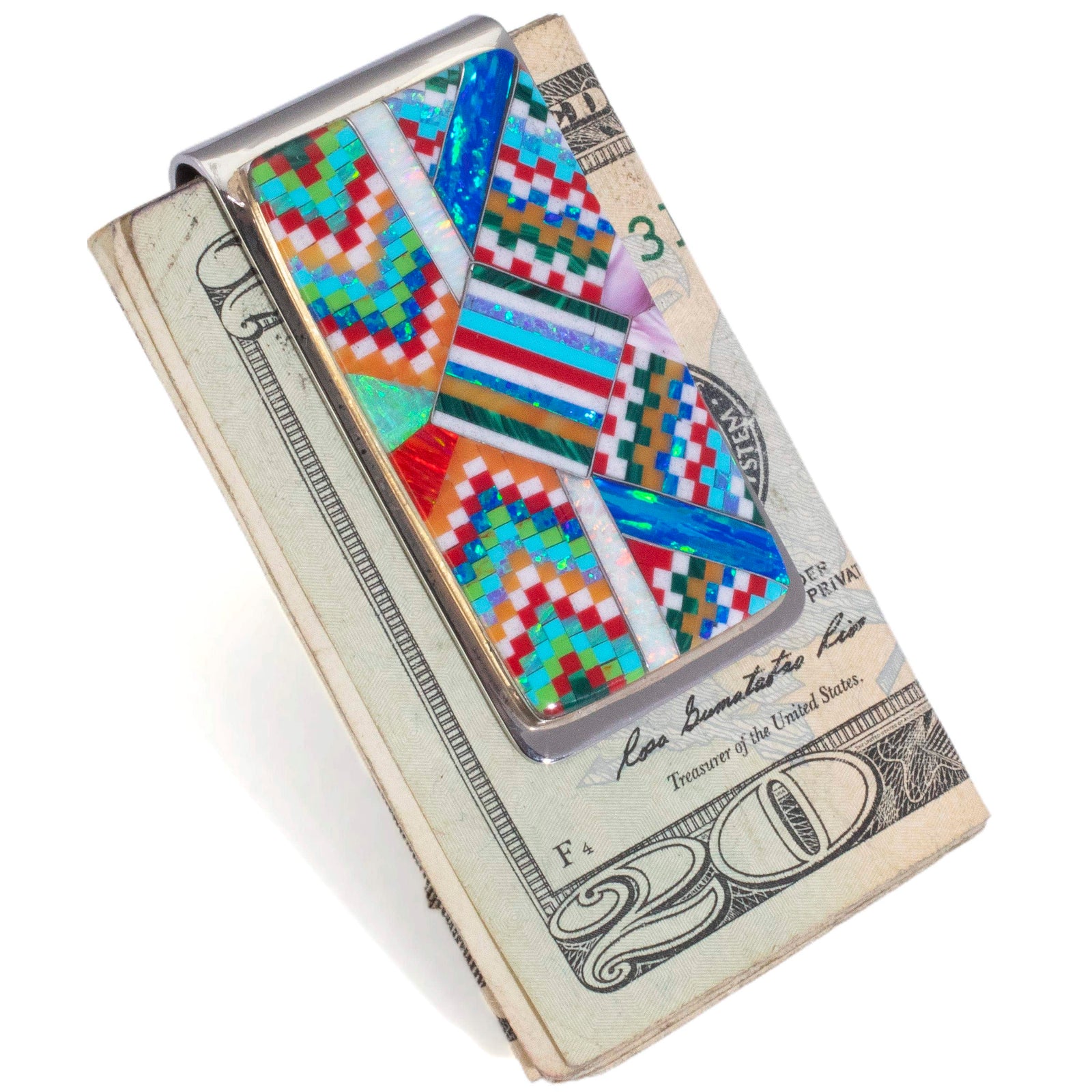 KALIFANO Southwest Silver Jewelry Multi Gem Opal Micro Inlay Handmade 925 Sterling Silver Money Clip AKMC250.001