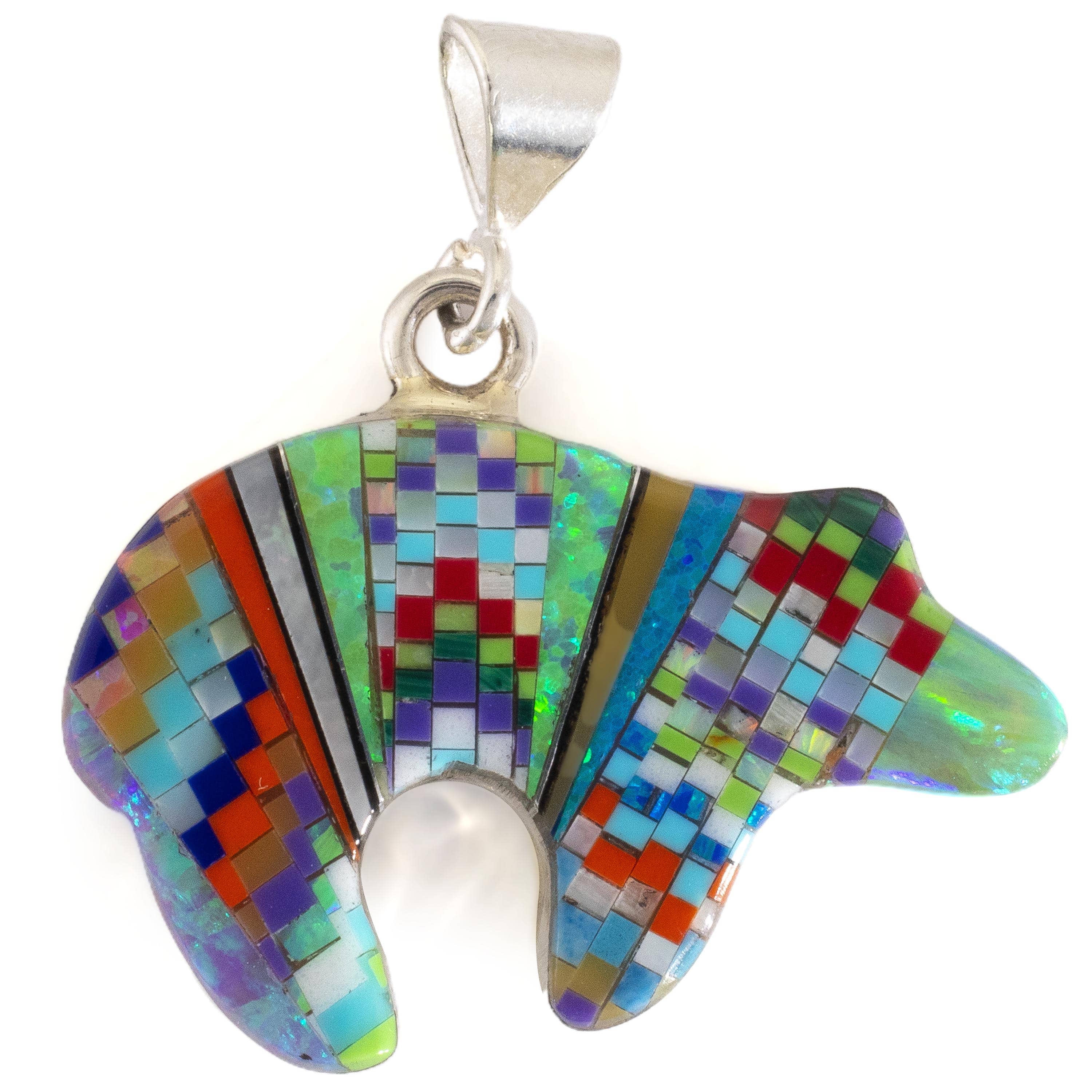 KALIFANO Southwest Silver Jewelry Multi Gem Opal Micro Inlay Handmade 925 Sterling Silver Pendant AKN200.001