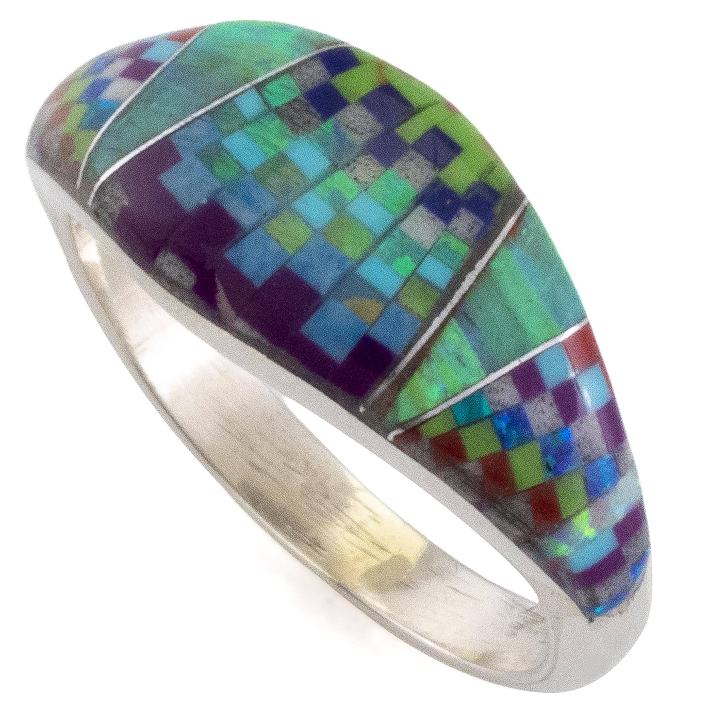 Kalifano Southwest Silver Jewelry Multi Gem Opal Micro Inlay Handmade 925 Sterling Silver Ring