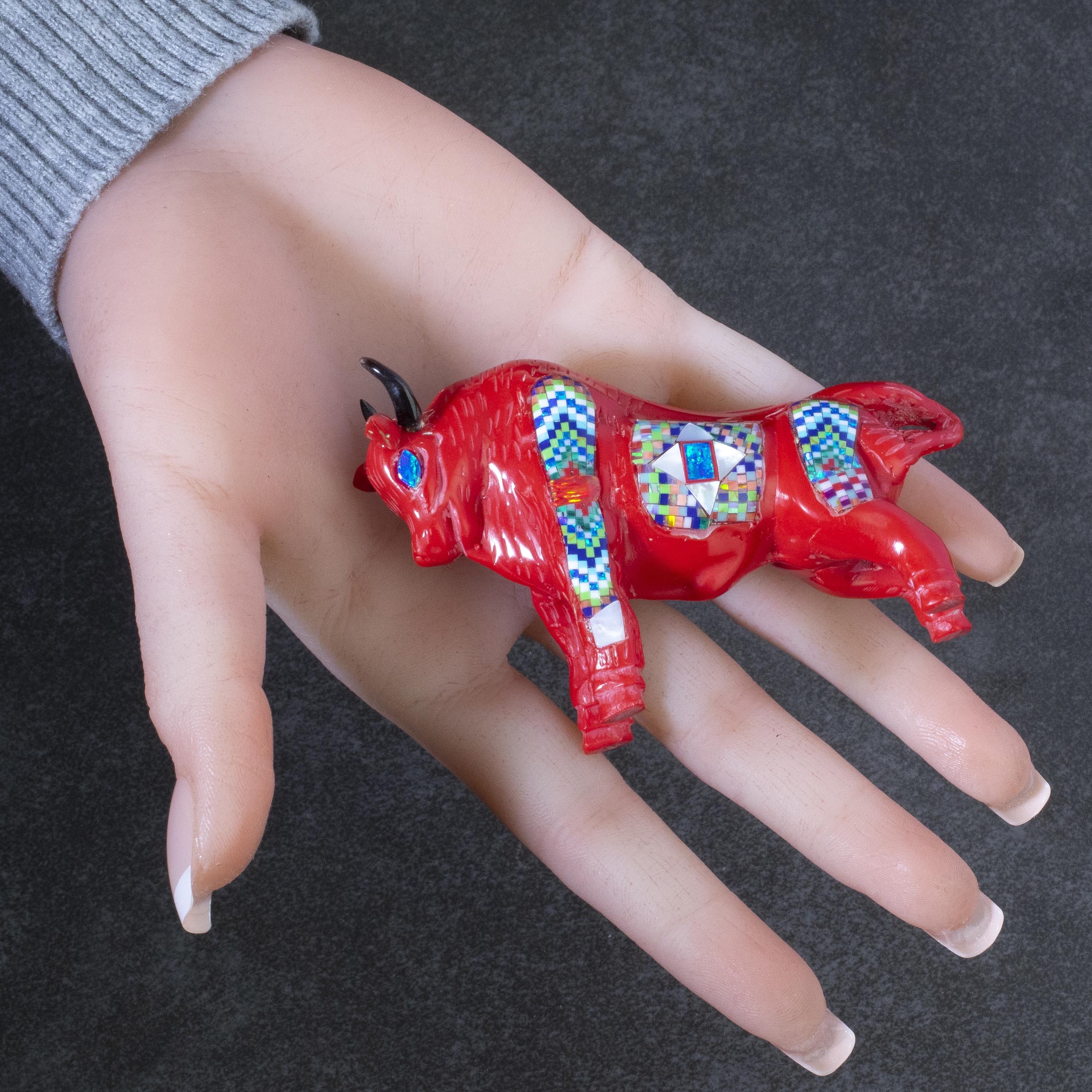 KALIFANO Southwest Silver Jewelry Multi Gem Opal Micro Inlay Handmade Red Sponge Coral Bull Carving AKC800.002