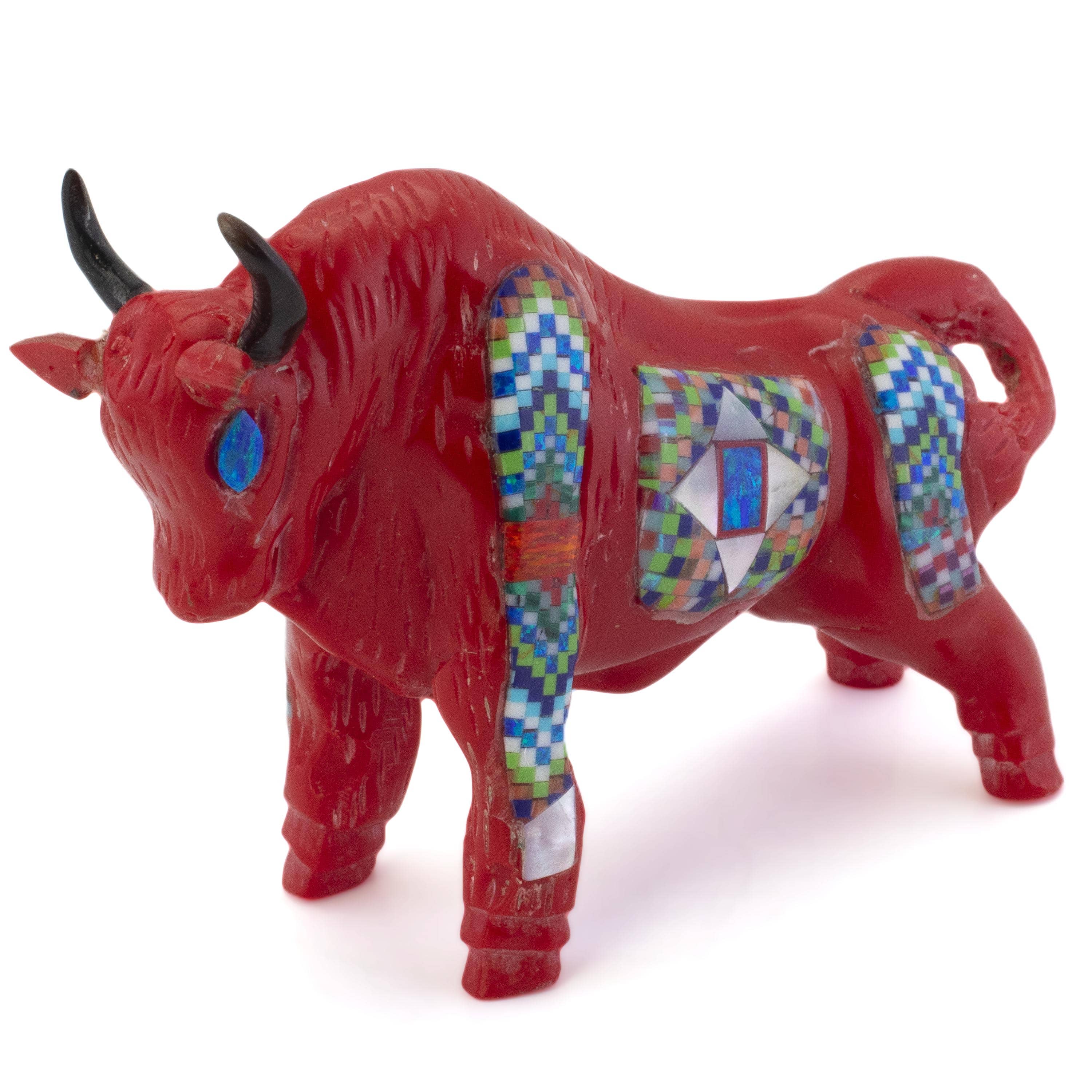 KALIFANO Southwest Silver Jewelry Multi Gem Opal Micro Inlay Handmade Red Sponge Coral Bull Carving AKC800.002