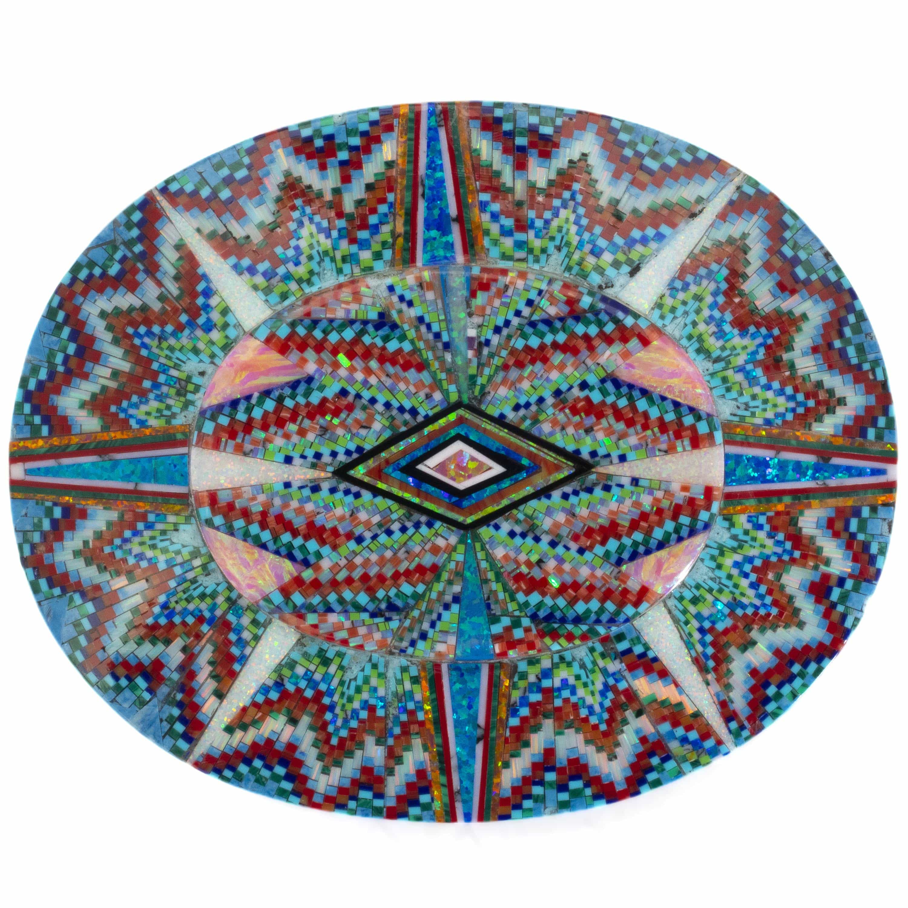 KALIFANO Southwest Silver Jewelry Multi Gem Opal Micro Inlay with Genuine Turquoise and Coral Handmade 925 Sterling Silver Oval Belt Buckle AKBB1800.003