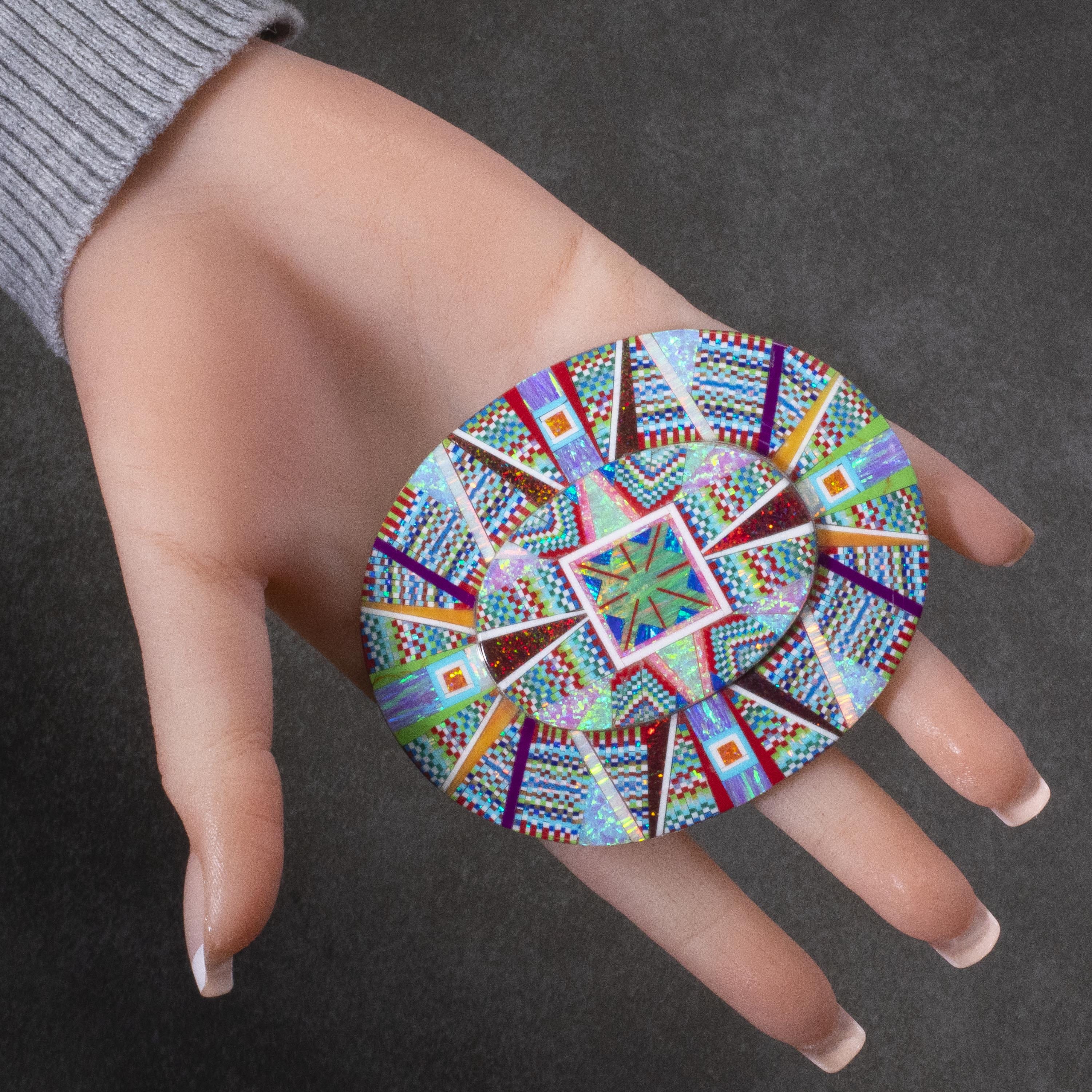 KALIFANO Southwest Silver Jewelry Multi Gem Opal Micro Inlay with Genuine Turquoise and Coral Handmade 925 Sterling Silver Oval Belt Buckle AKBB1800.004