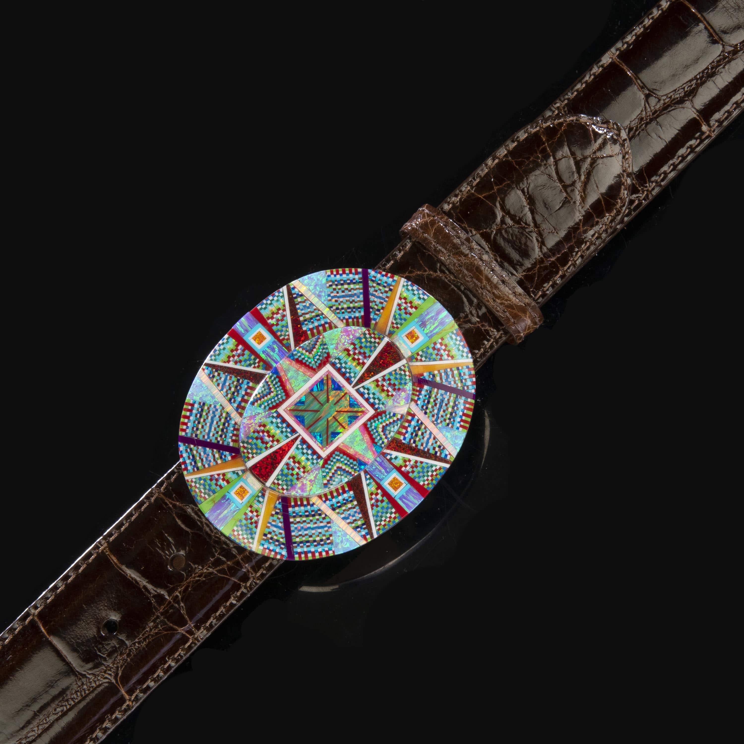 KALIFANO Southwest Silver Jewelry Multi Gem Opal Micro Inlay with Genuine Turquoise and Coral Handmade 925 Sterling Silver Oval Belt Buckle AKBB1800.004