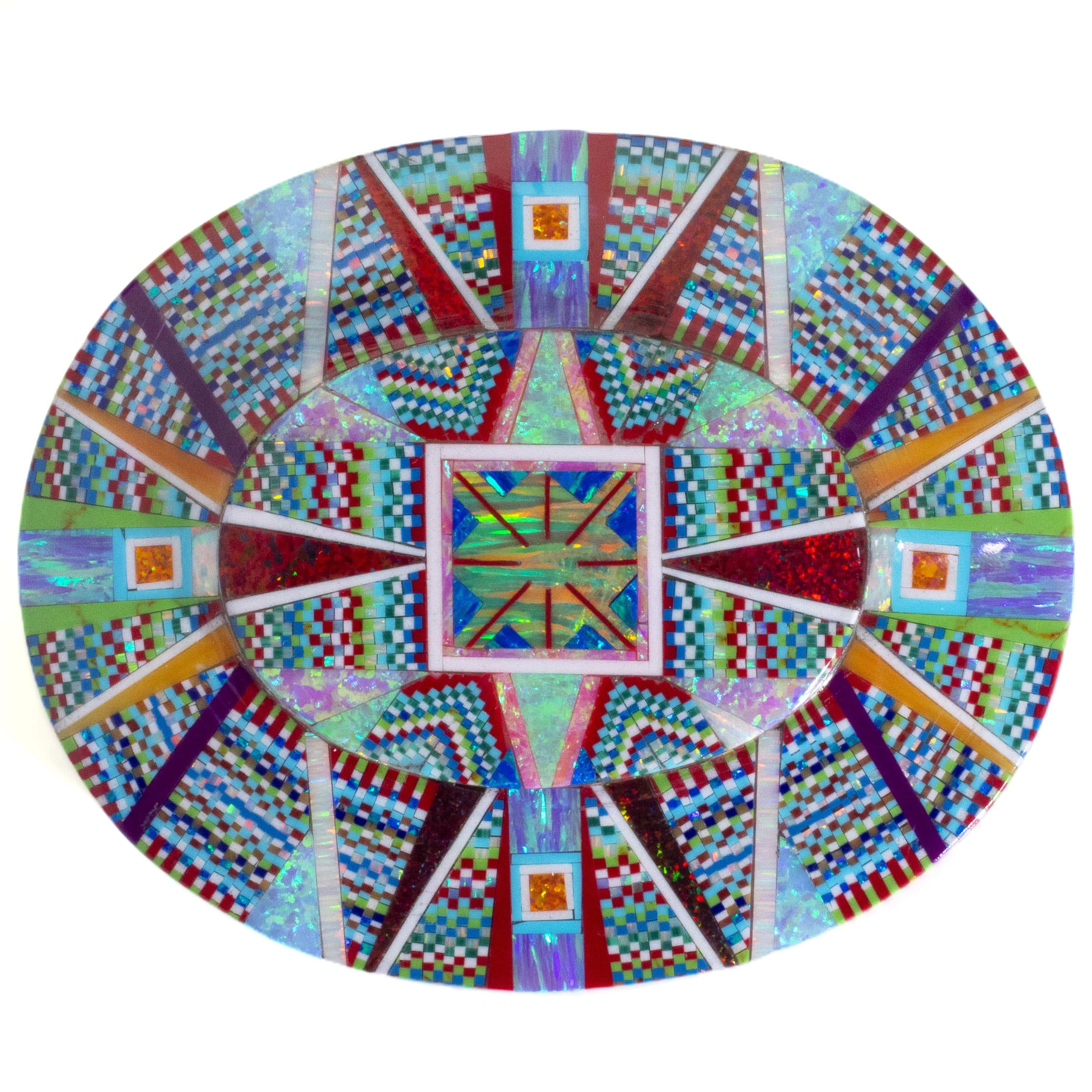 KALIFANO Southwest Silver Jewelry Multi Gem Opal Micro Inlay with Genuine Turquoise and Coral Handmade 925 Sterling Silver Oval Belt Buckle AKBB1800.004