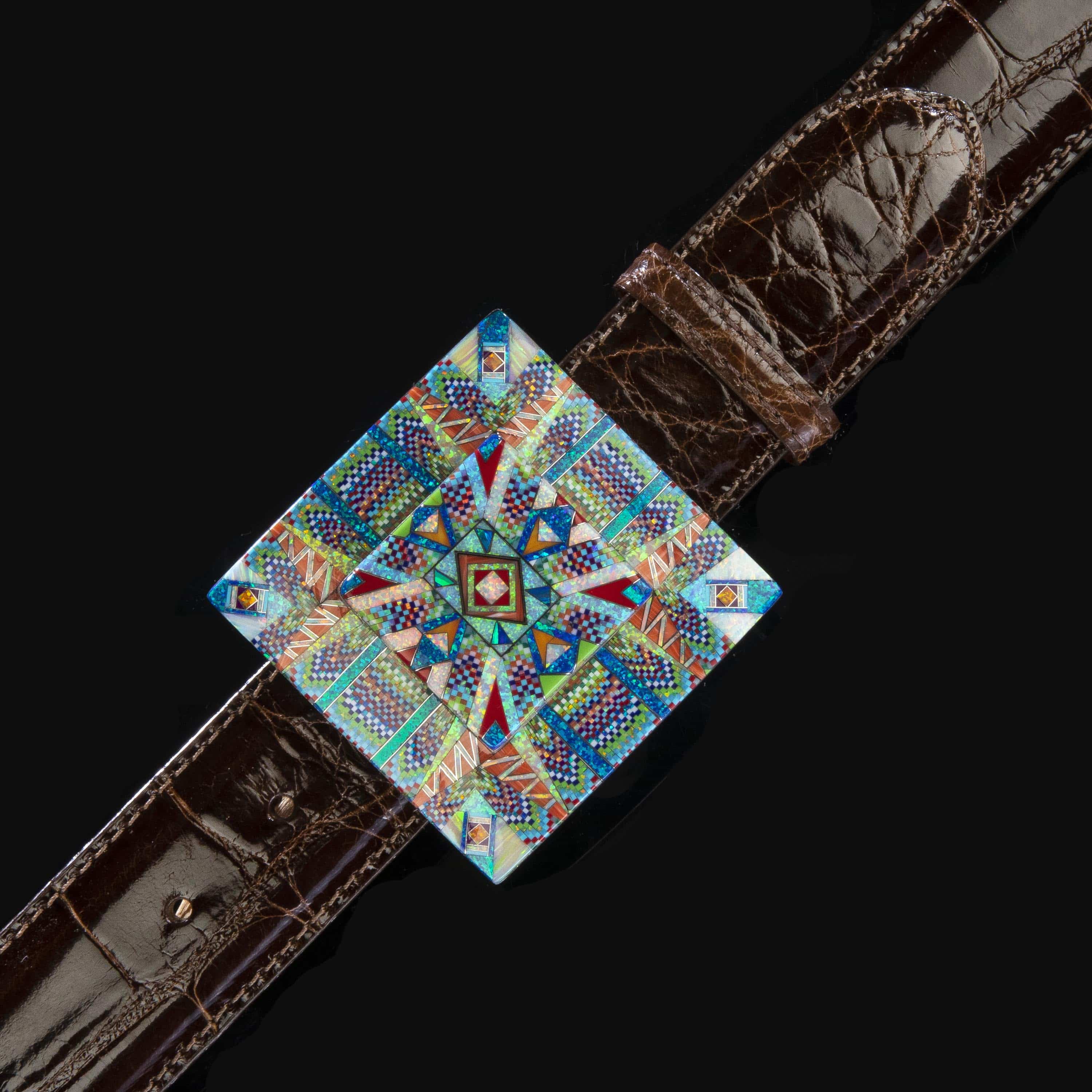 KALIFANO Southwest Silver Jewelry Multi Gem Opal Micro Inlay with Genuine Turquoise and Coral Handmade 925 Sterling Silver Square Belt Buckle AKBB1800.001