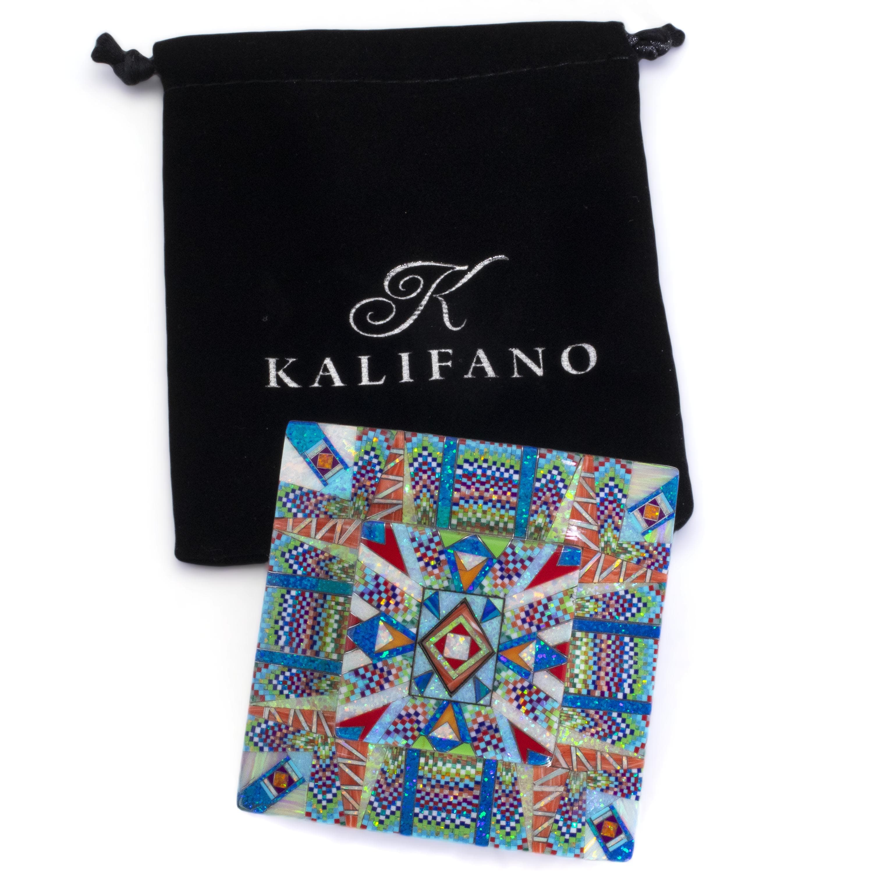 KALIFANO Southwest Silver Jewelry Multi Gem Opal Micro Inlay with Genuine Turquoise and Coral Handmade 925 Sterling Silver Square Belt Buckle AKBB1800.001