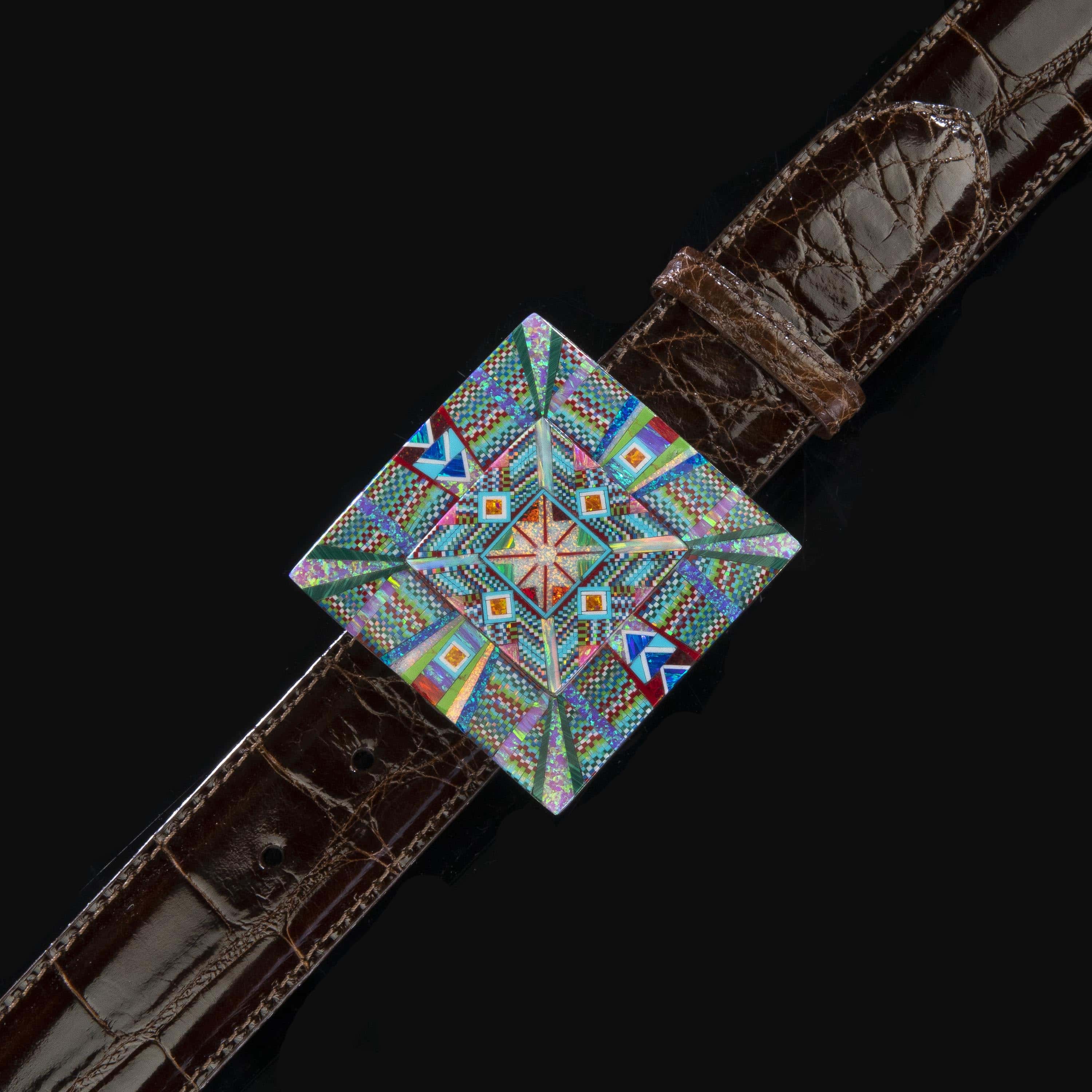 KALIFANO Southwest Silver Jewelry Multi Gem Opal Micro Inlay with Genuine Turquoise and Coral Handmade 925 Sterling Silver Square Belt Buckle AKBB1800.002