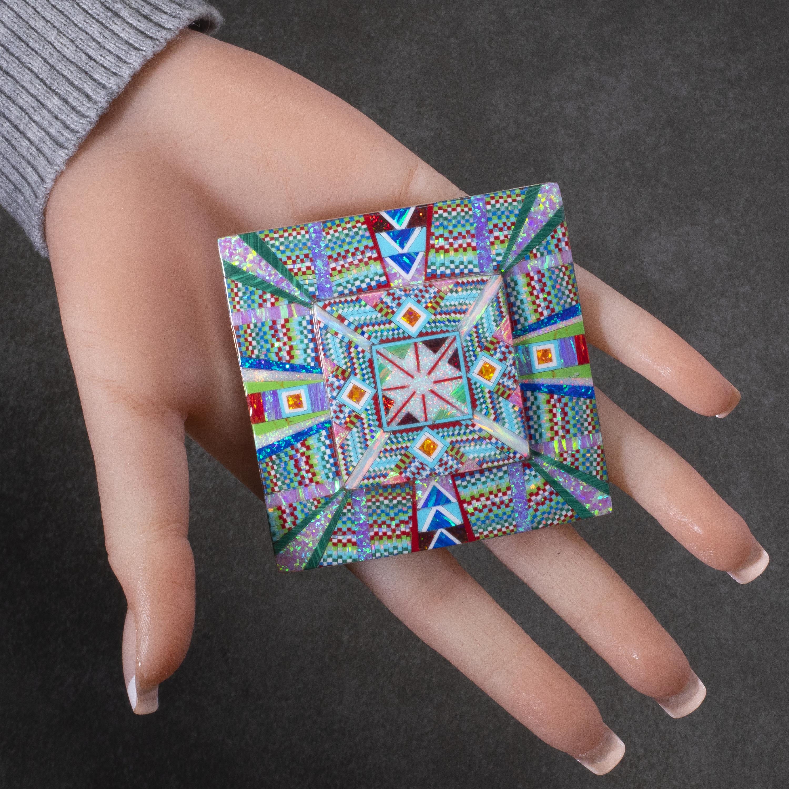 KALIFANO Southwest Silver Jewelry Multi Gem Opal Micro Inlay with Genuine Turquoise and Coral Handmade 925 Sterling Silver Square Belt Buckle AKBB1800.002
