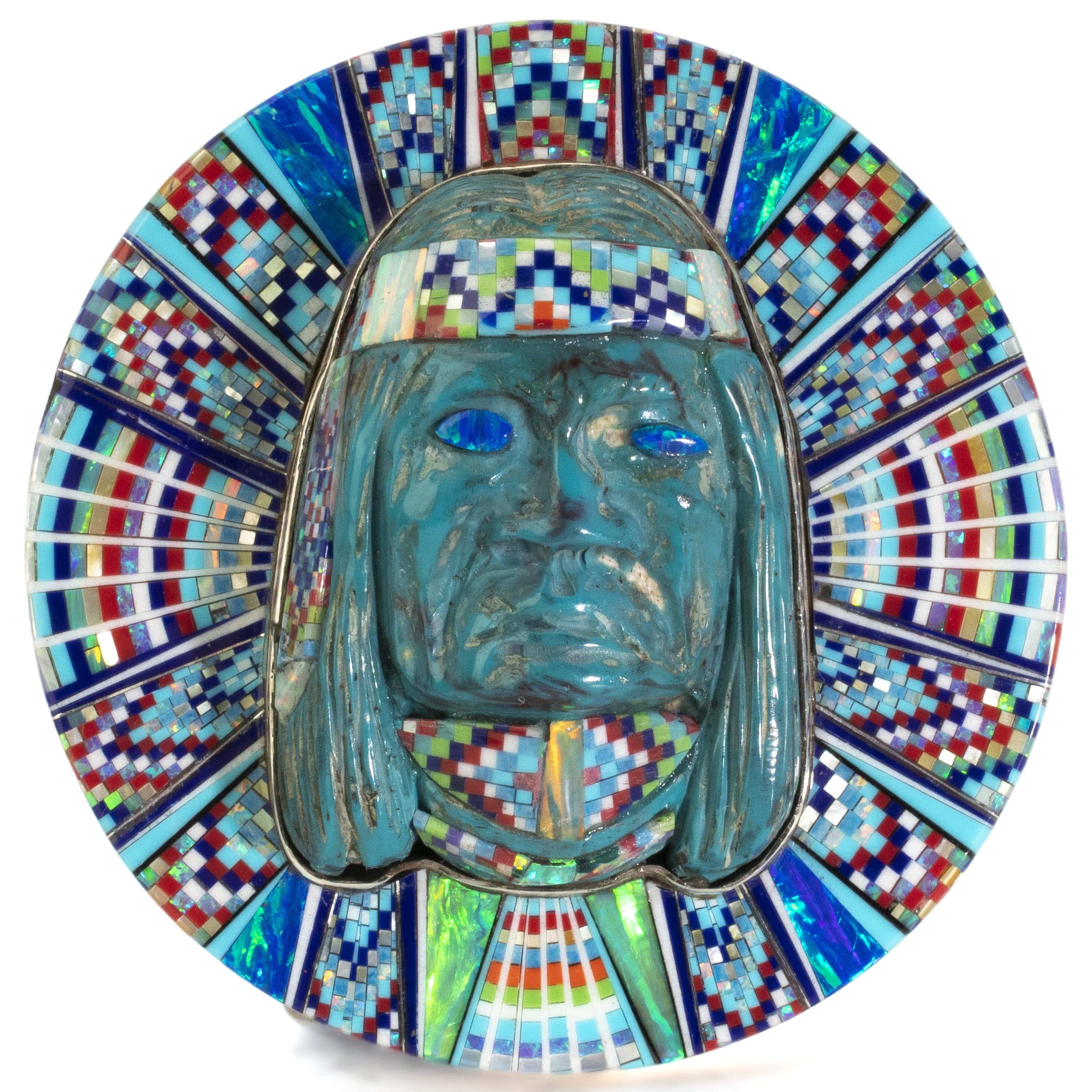 KALIFANO Southwest Silver Jewelry Multi Gem Opal Micro Inlay with Genuine Turquoise Indian Chief Handmade 925 Sterling Silver Circular Belt Buckle AKBB2400.003