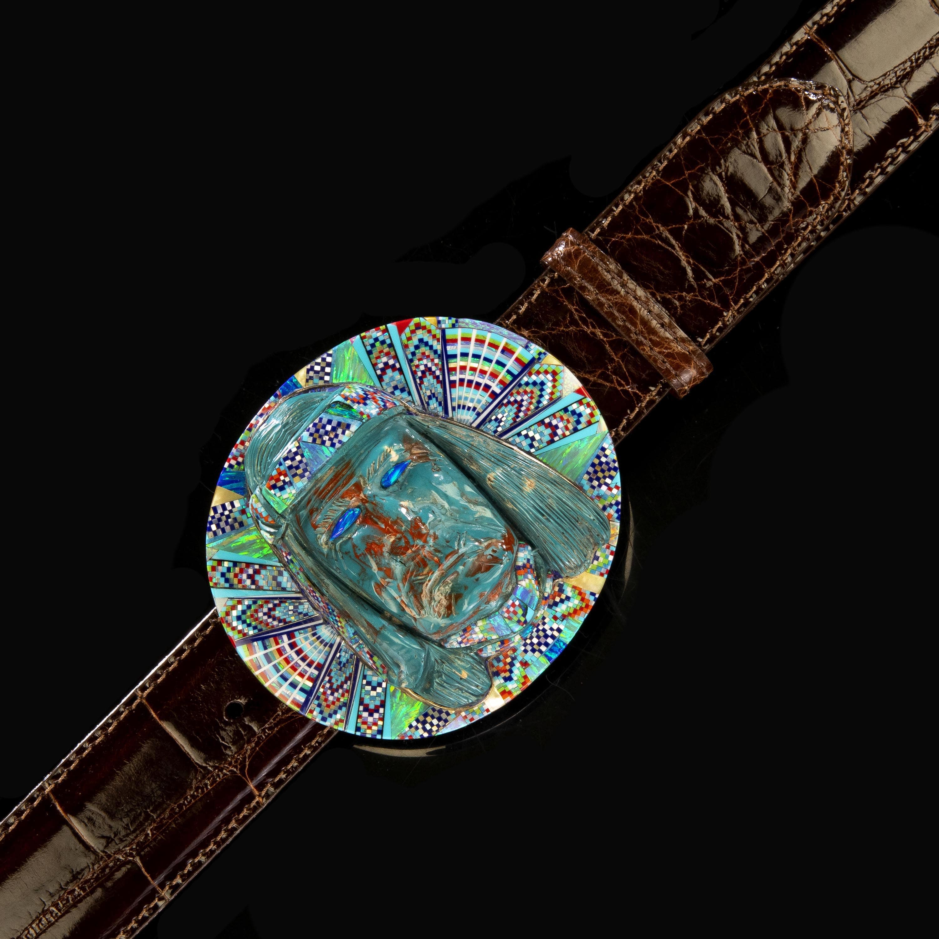 KALIFANO Southwest Silver Jewelry Multi Gem Opal Micro Inlay with Genuine Turquoise Indian Chief Handmade 925 Sterling Silver Oval Belt Buckle AKBB4800.001