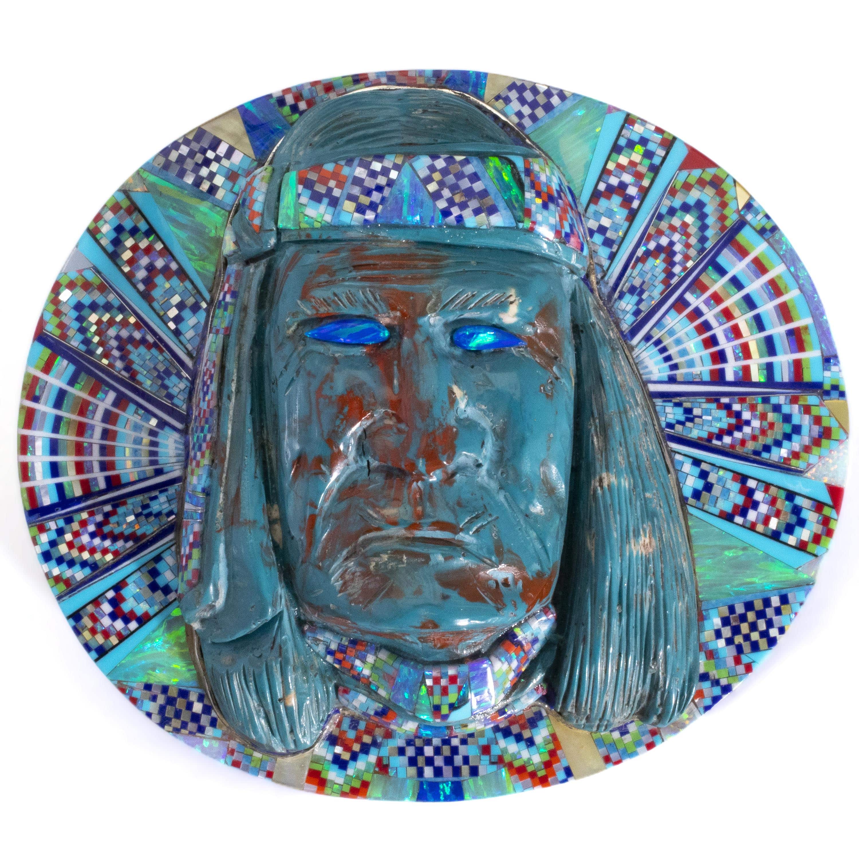 KALIFANO Southwest Silver Jewelry Multi Gem Opal Micro Inlay with Genuine Turquoise Indian Chief Handmade 925 Sterling Silver Oval Belt Buckle AKBB4800.001