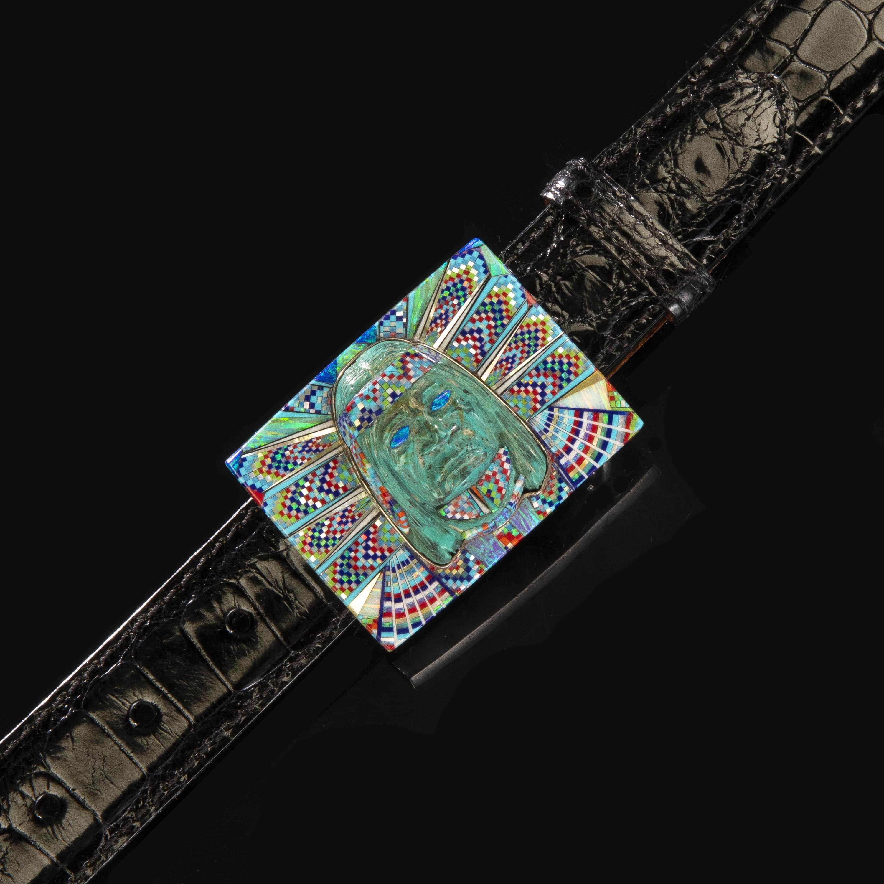 KALIFANO Southwest Silver Jewelry Multi Gem Opal Micro Inlay with Genuine Turquoise Indian Chief Handmade 925 Sterling Silver Rectangular Belt Buckle AKBB2400.001